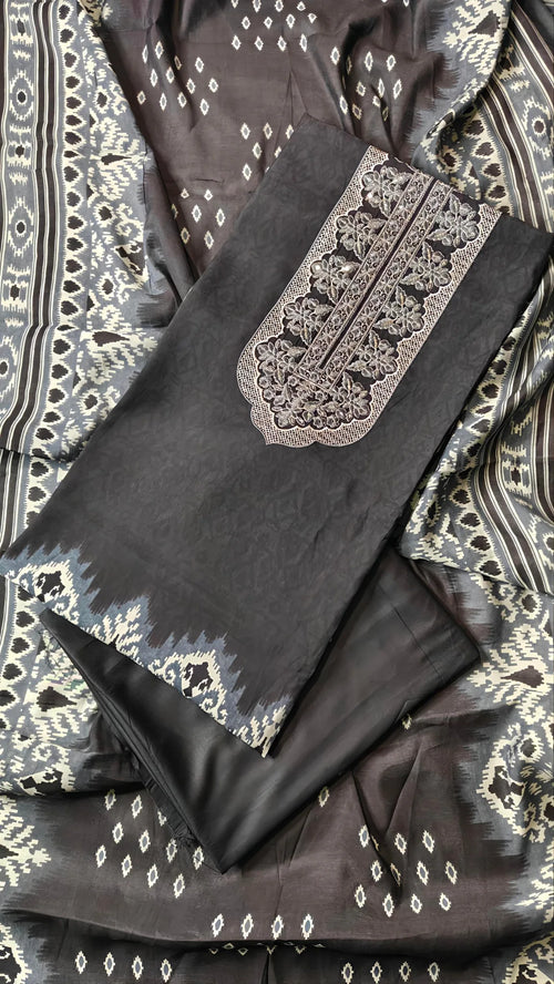 Charcoal Ikat Embroidered Muslin Unstitched Suit Set