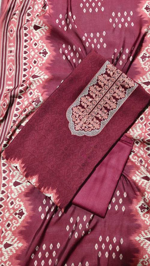 Burgundy Ikat Embroidered Silk Unstitched Suit Set