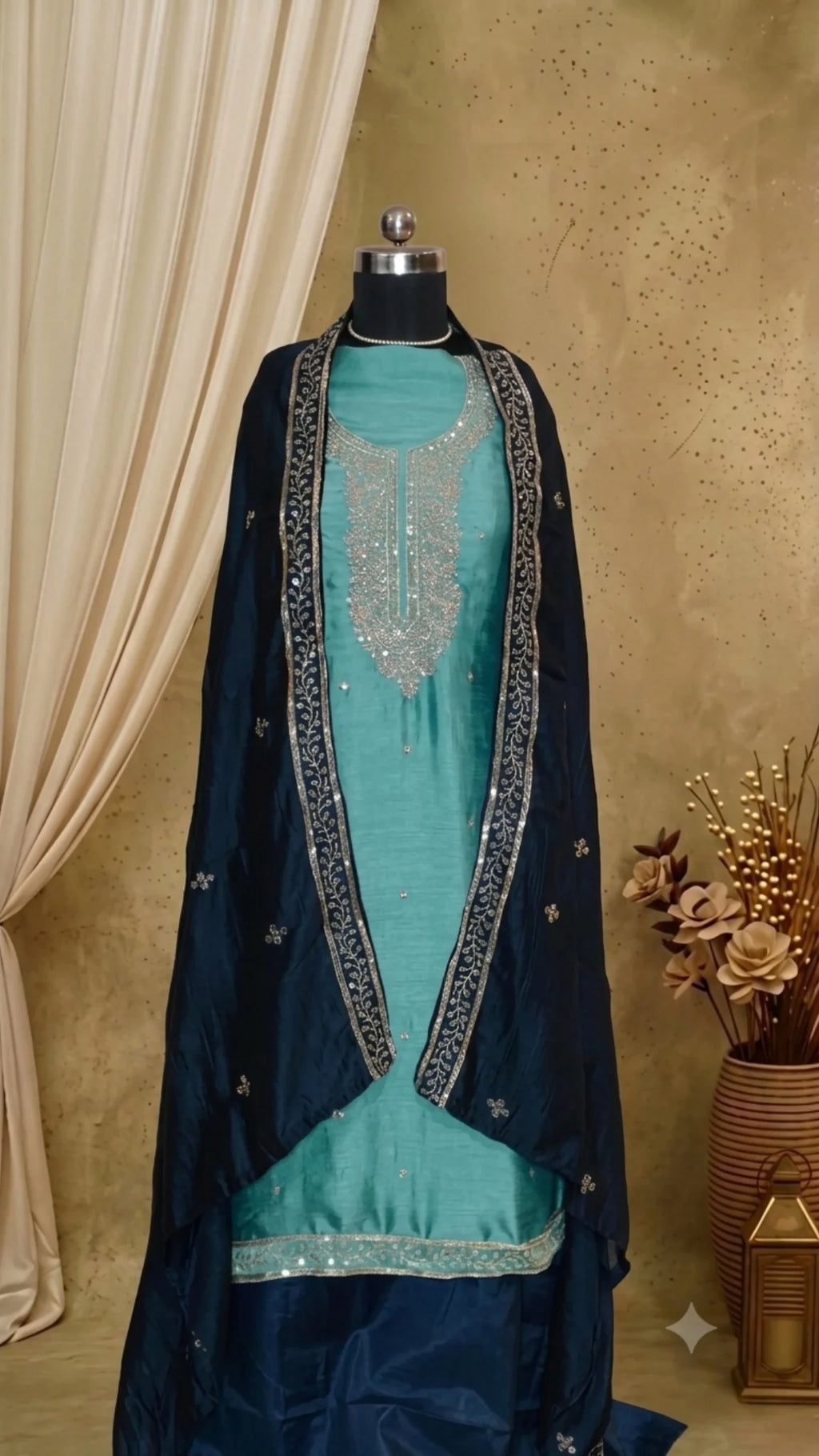 Zari & Sequin Embroidered Silk Unstitched Suit Set