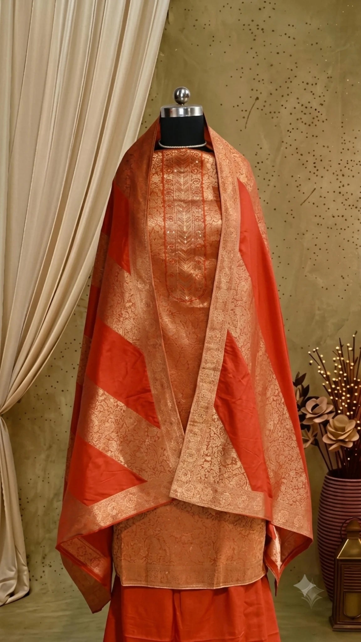 Rust Orange Banarasi Silk Unstitched Suit Set
