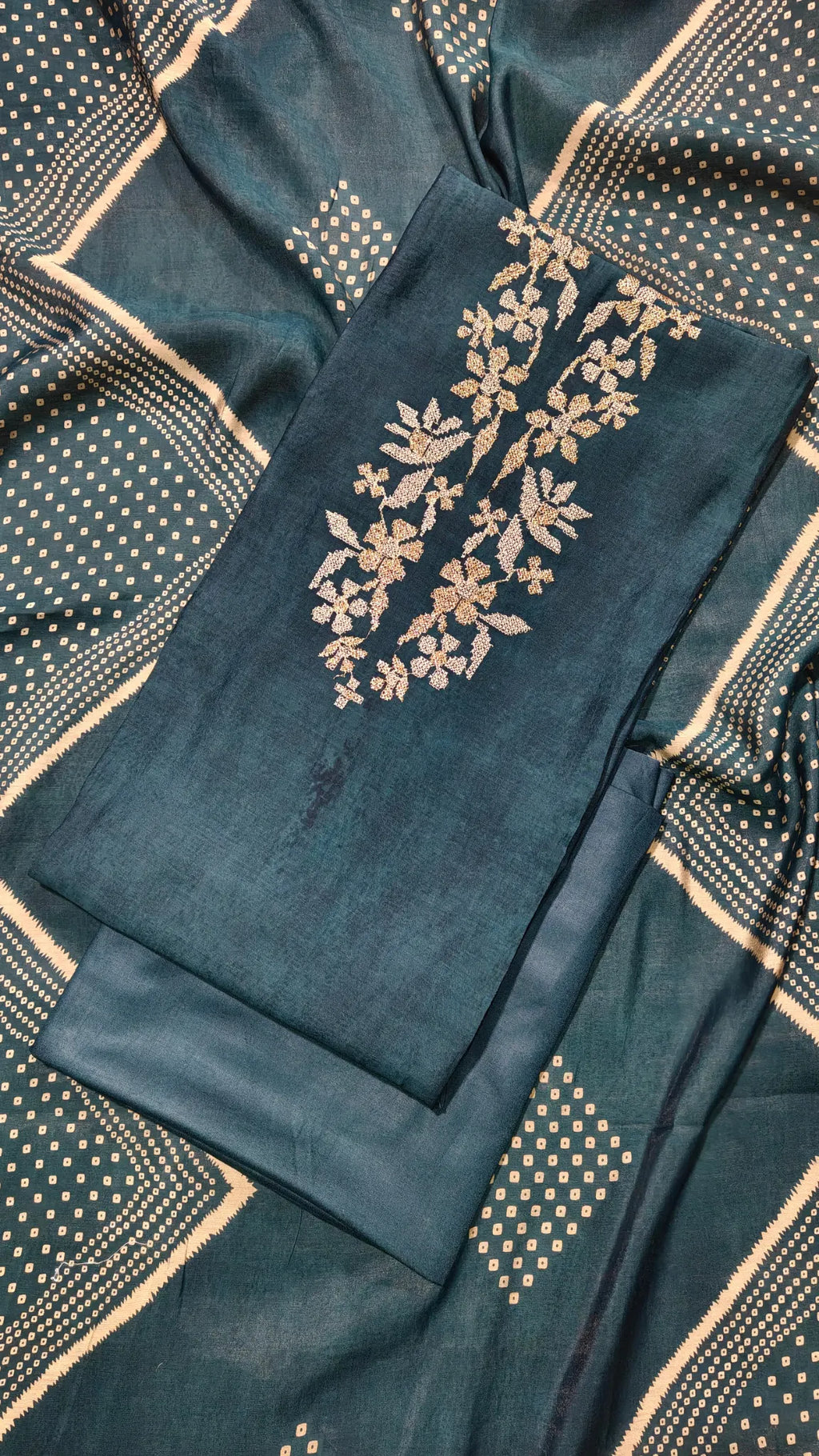 Teal Blue Bandhani Unstitched Suit Set