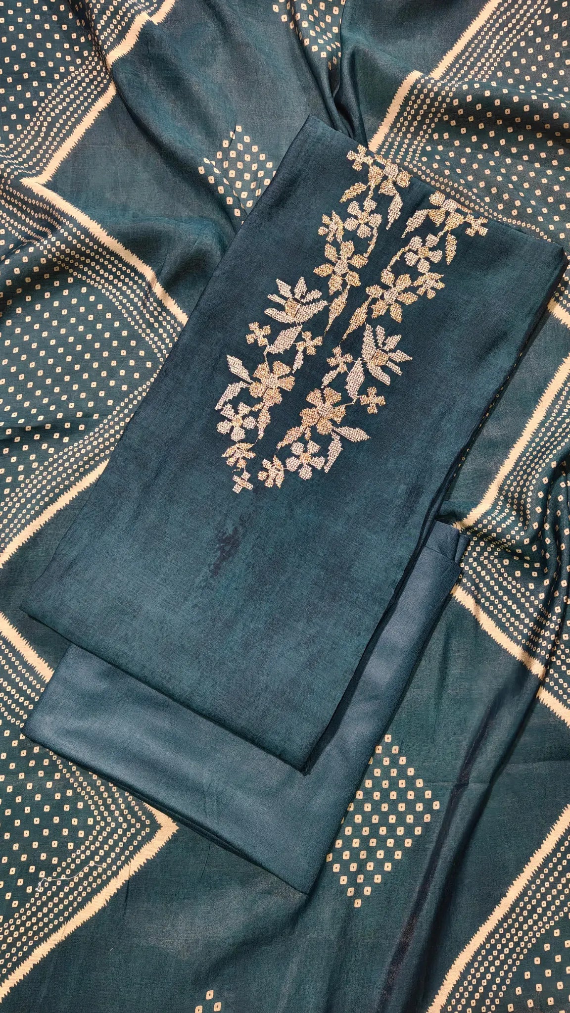 Teal Blue Bandhani Unstitched Suit Set