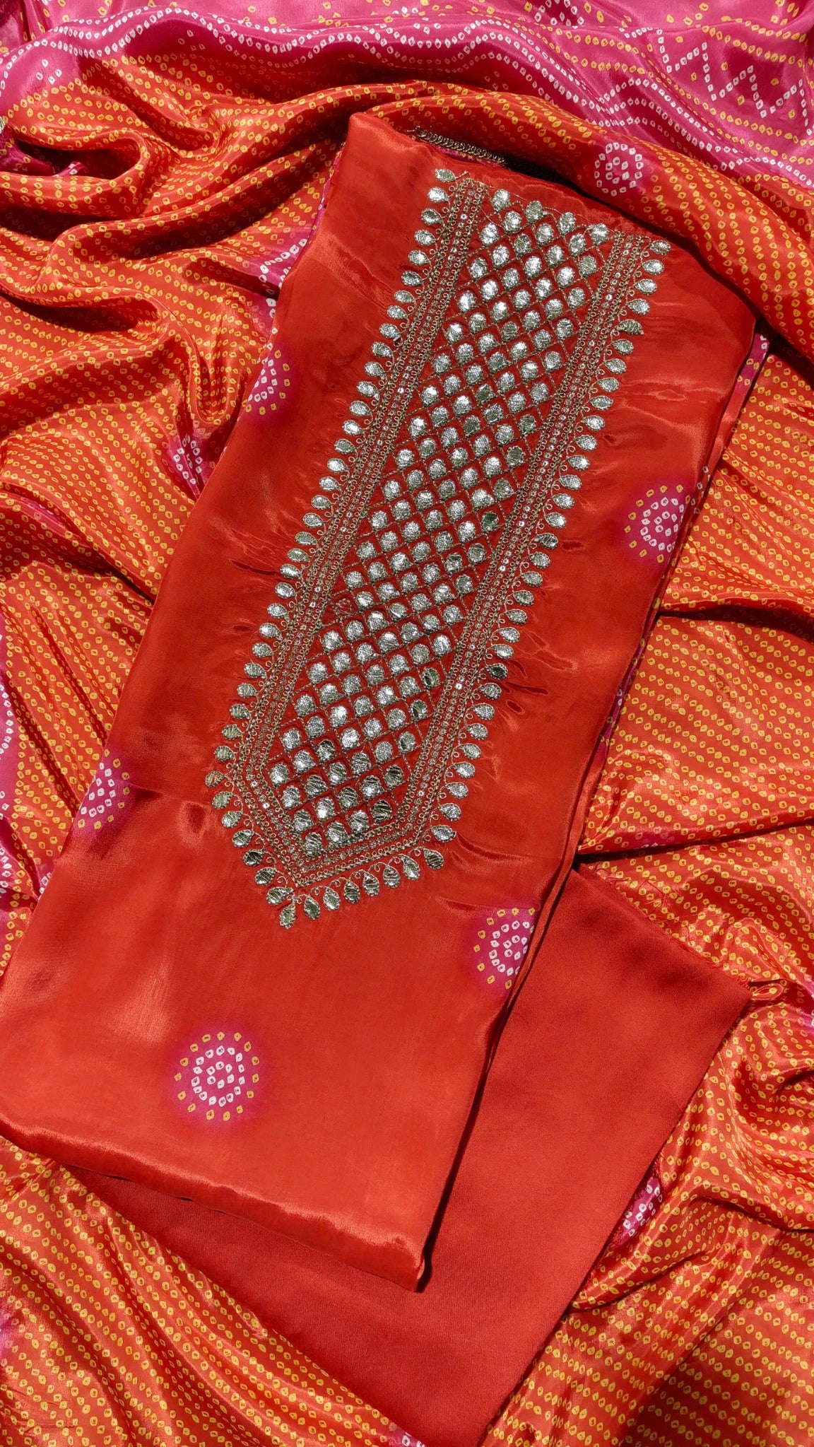 Sunset Orange Gajji Silk Unstitched Suit Set