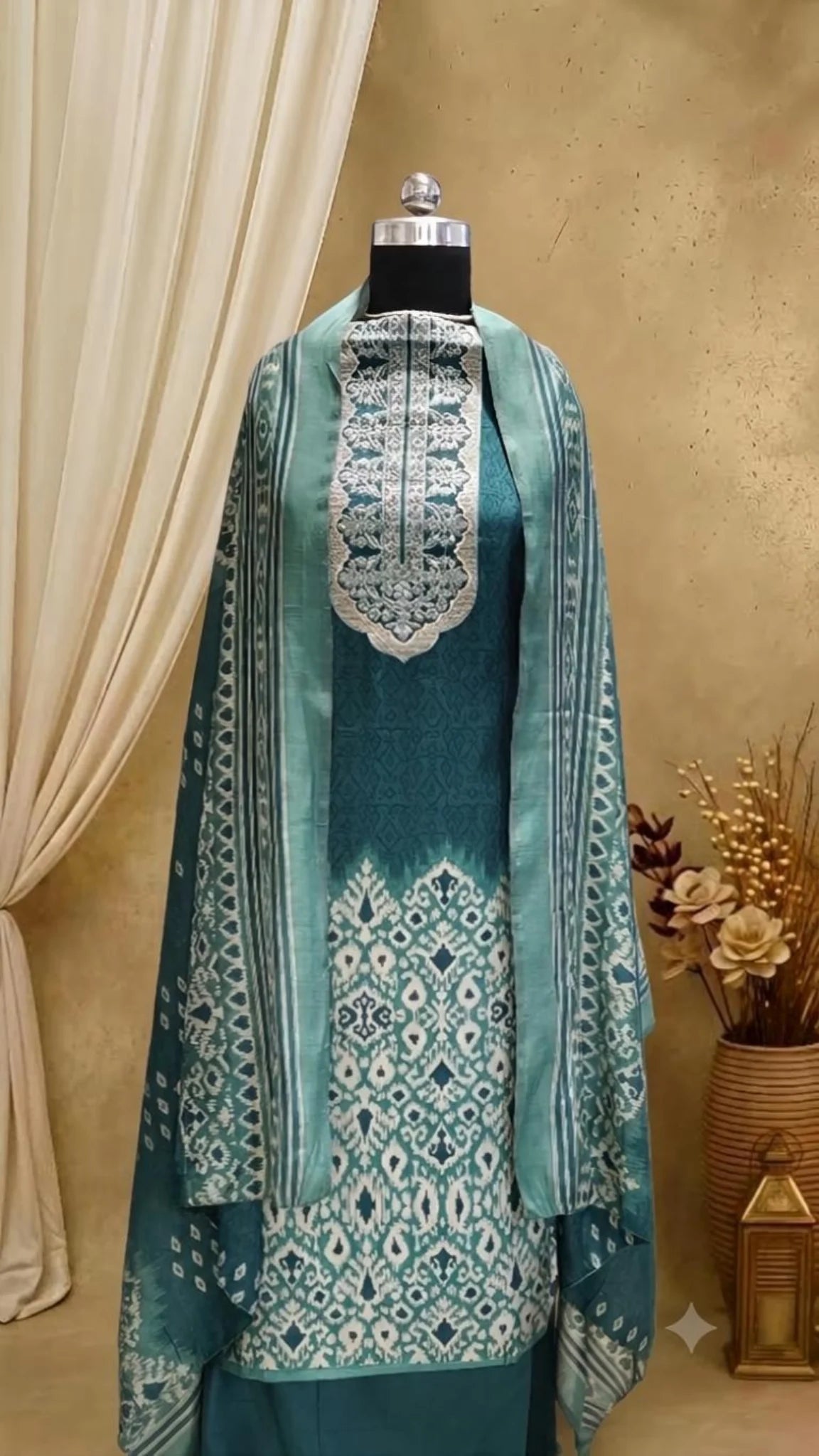 Teal Ikat Muslin Unstitched Suit Set