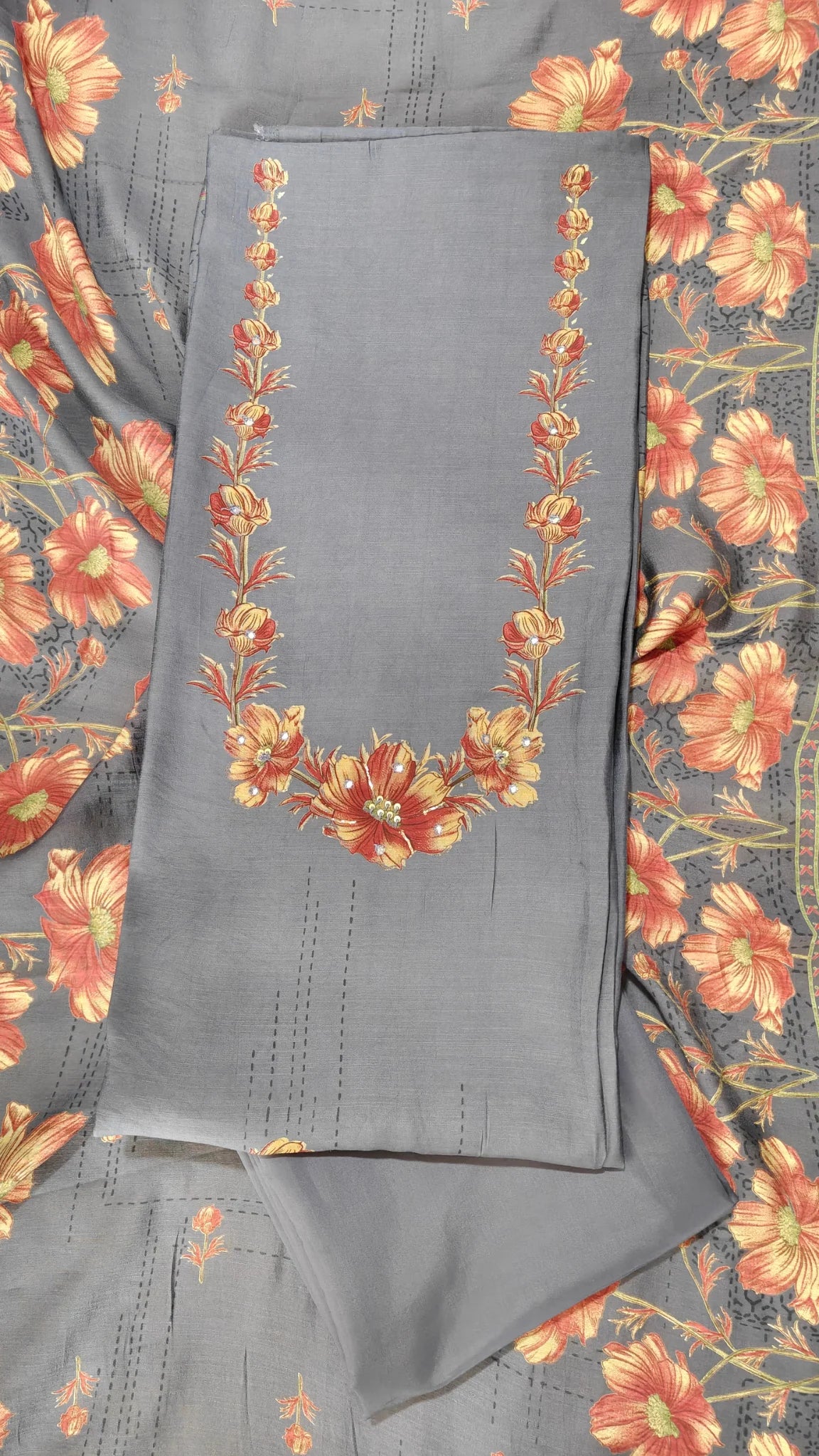 Dusty Blue Botanical Bloom Unstitched Suit Set