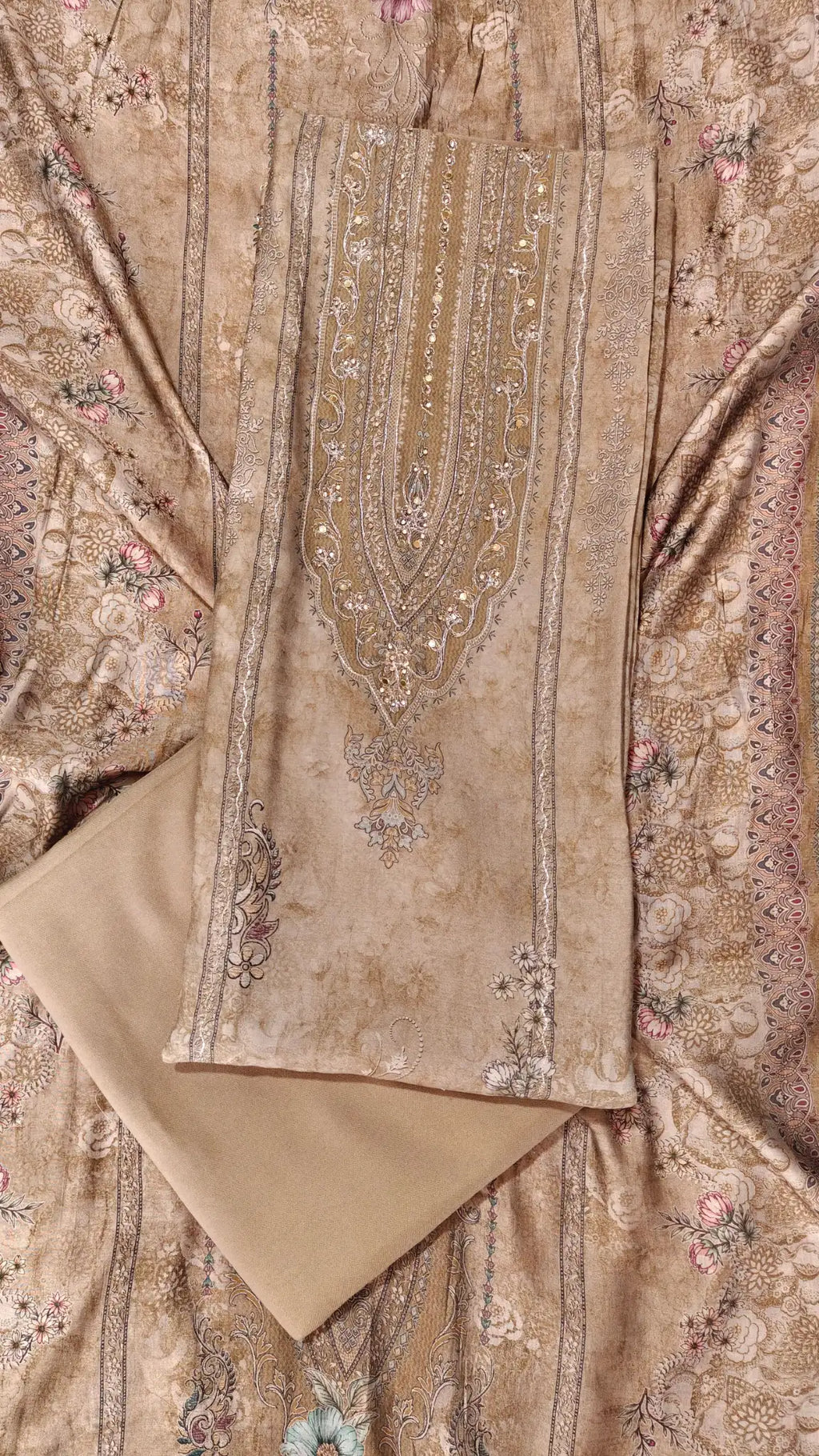 Vintage Olive Embroidered Unstitched Suit Set