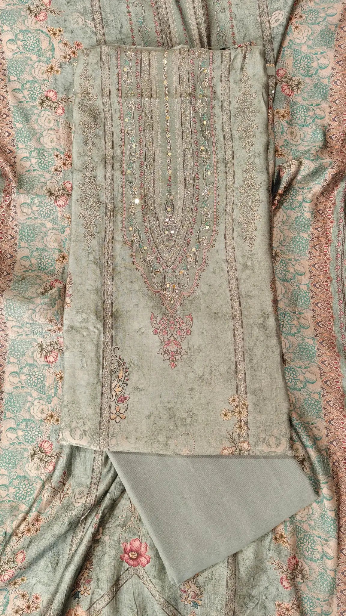 Dusty Sage Kashmiri Embroidered Unstitched Suit Set