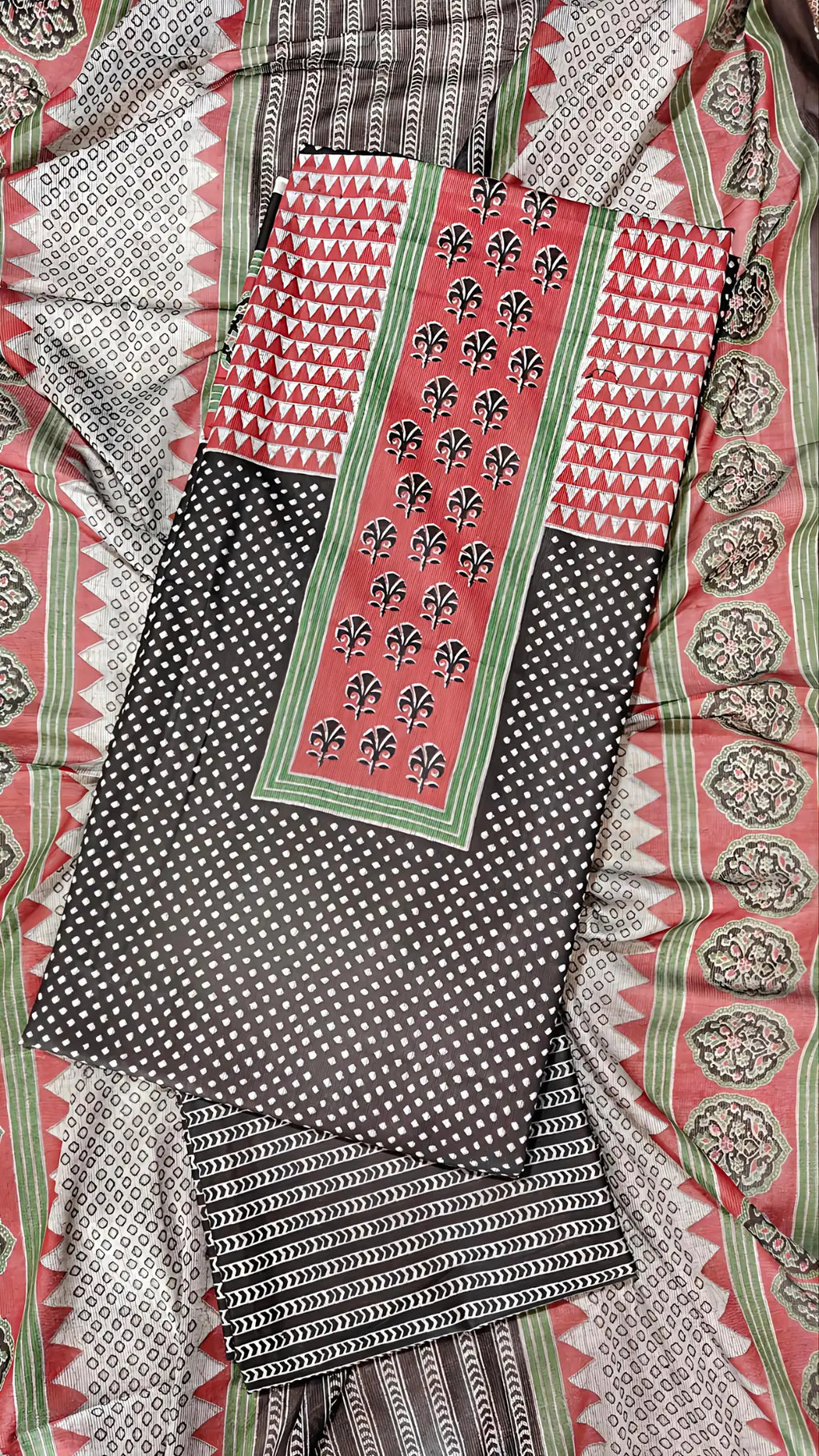 Charcoal Black Ajrakh Print Unstitched Suit Set