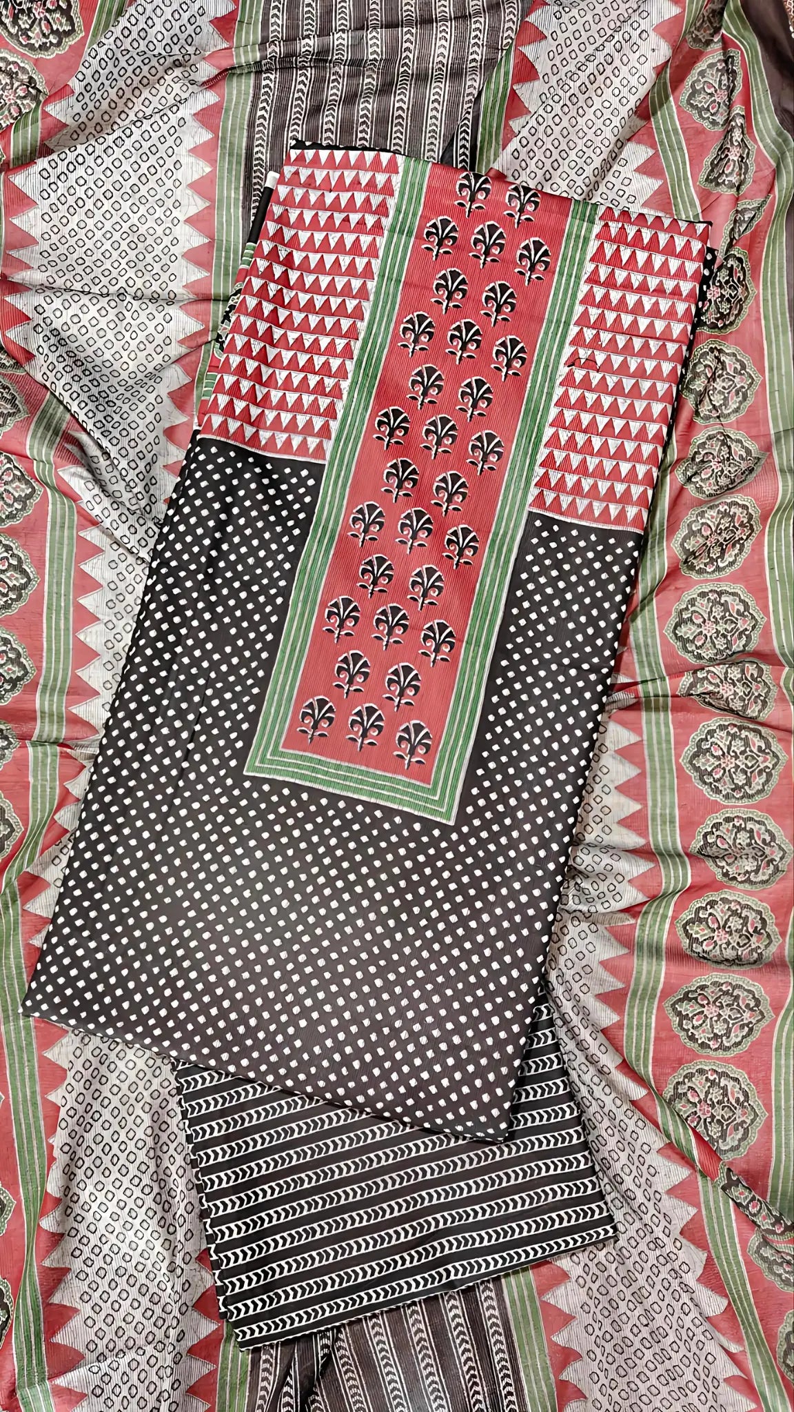 Charcoal Black Ajrakh Print Unstitched Suit Set