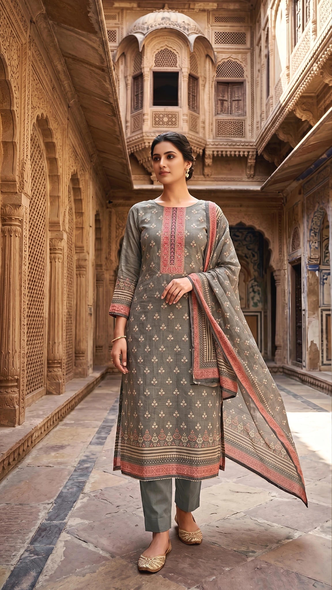 Olive Grey Heritage Printed Suit Set