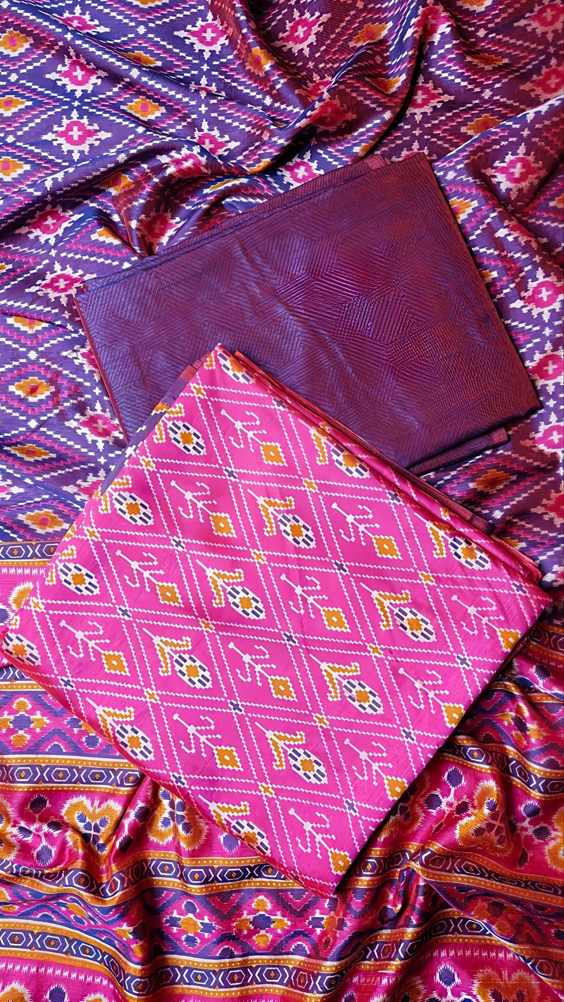 Rani Pink Patola Unstitched Suit Set