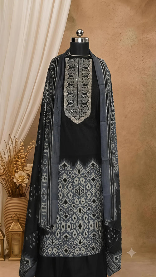 Charcoal Ikat Embroidered Muslin Unstitched Suit Set