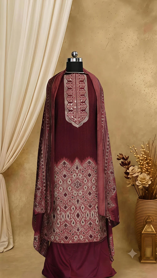 Burgundy Ikat Embroidered Silk Unstitched Suit Set
