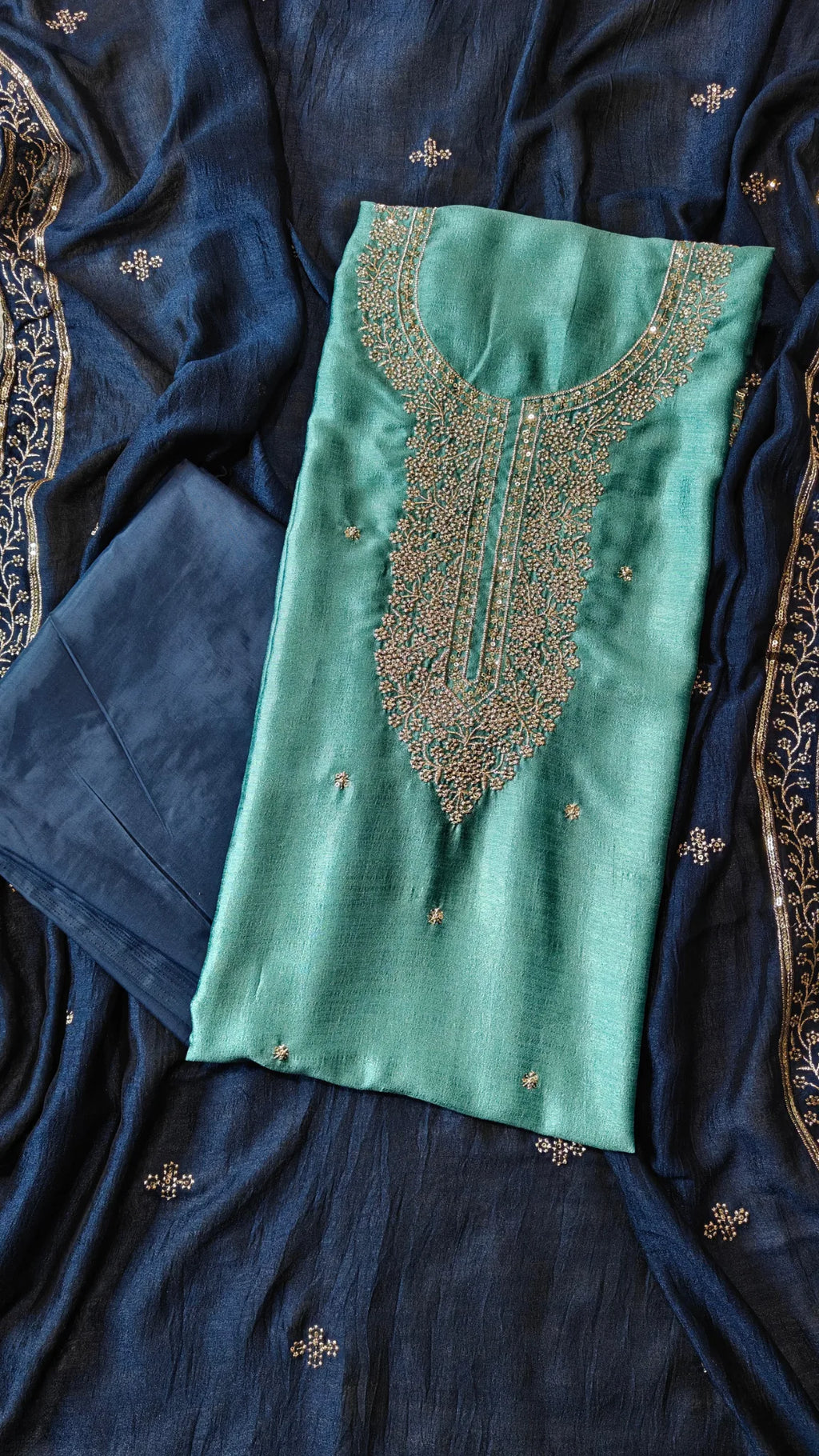 Zari & Sequin Embroidered Silk Unstitched Suit Set