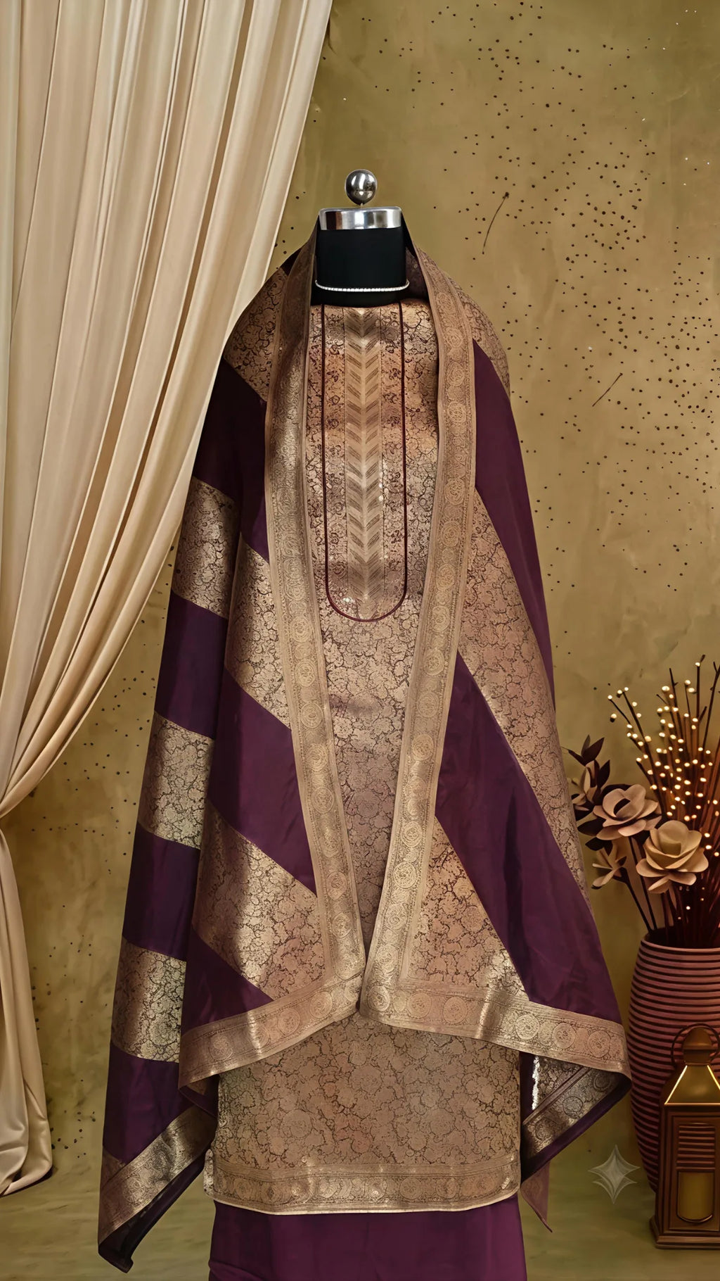 Wine Purple Banarasi Silk Unstitched Suit Set
