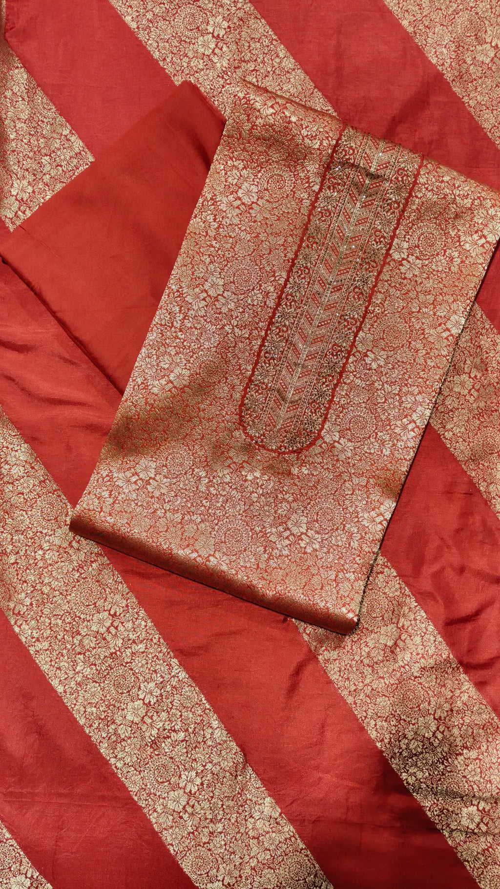 Rust Orange Banarasi Silk Unstitched Suit Set