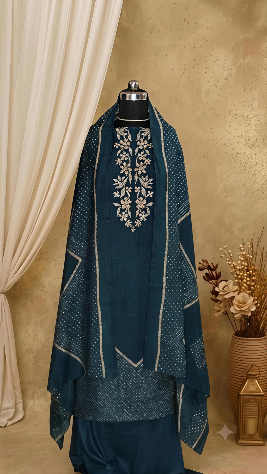 Teal Blue Bandhani Unstitched Suit Set