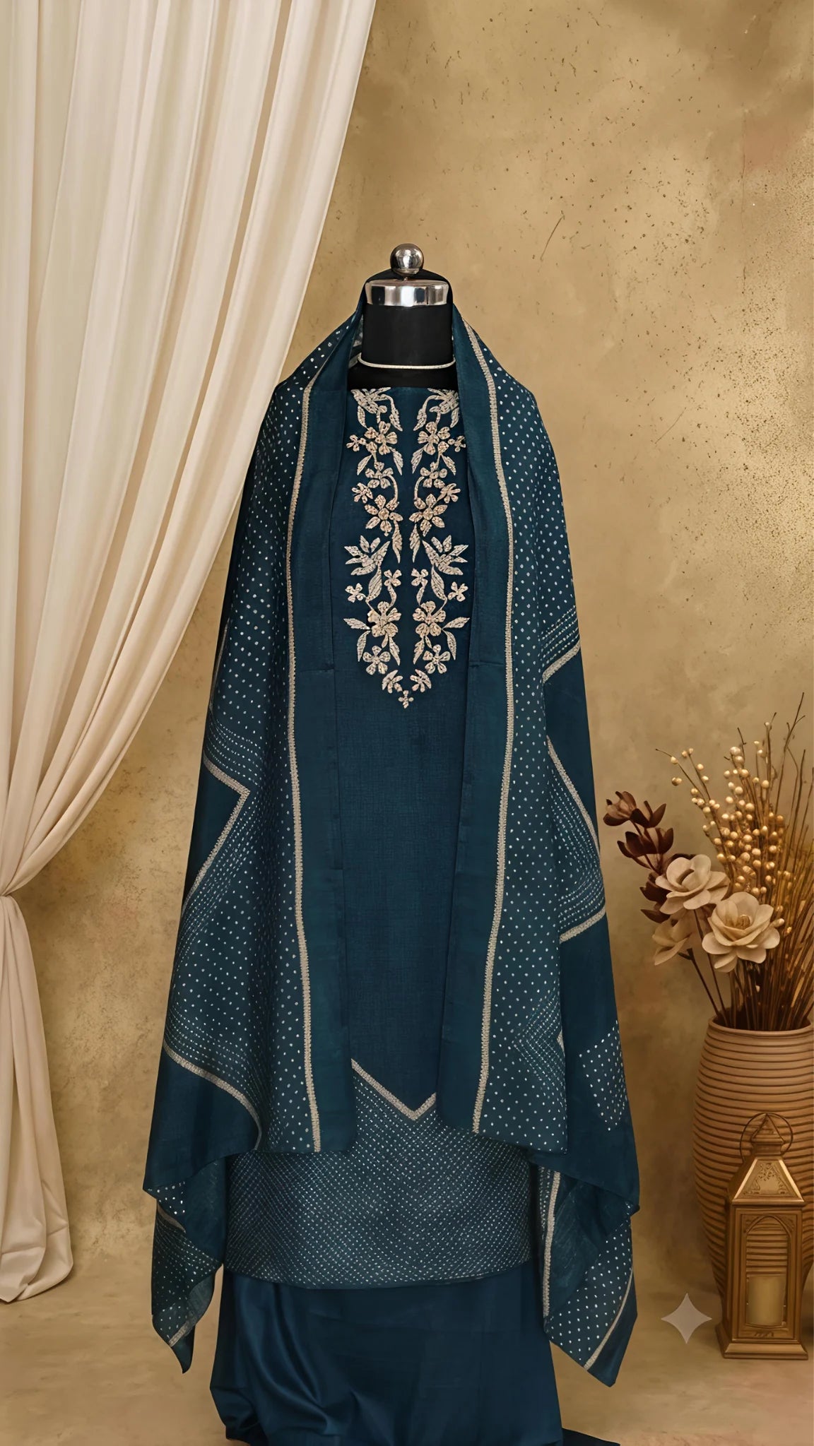 Teal Blue Bandhani Unstitched Suit Set