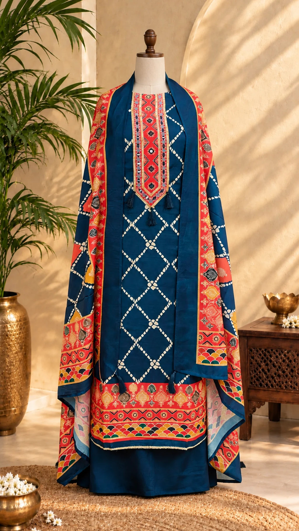 Royal Bandhani Elegance Gajji Silk Unstitched Suit Set