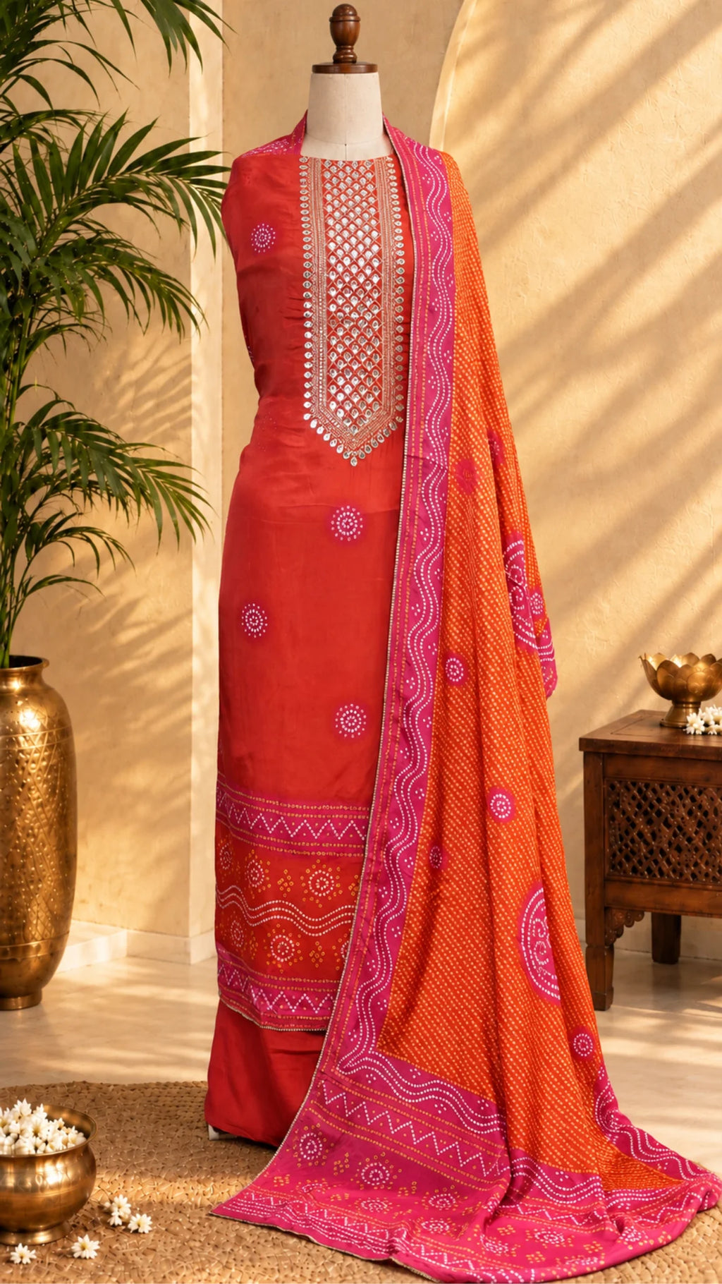 Sunset Orange Gajji Silk Unstitched Suit Set