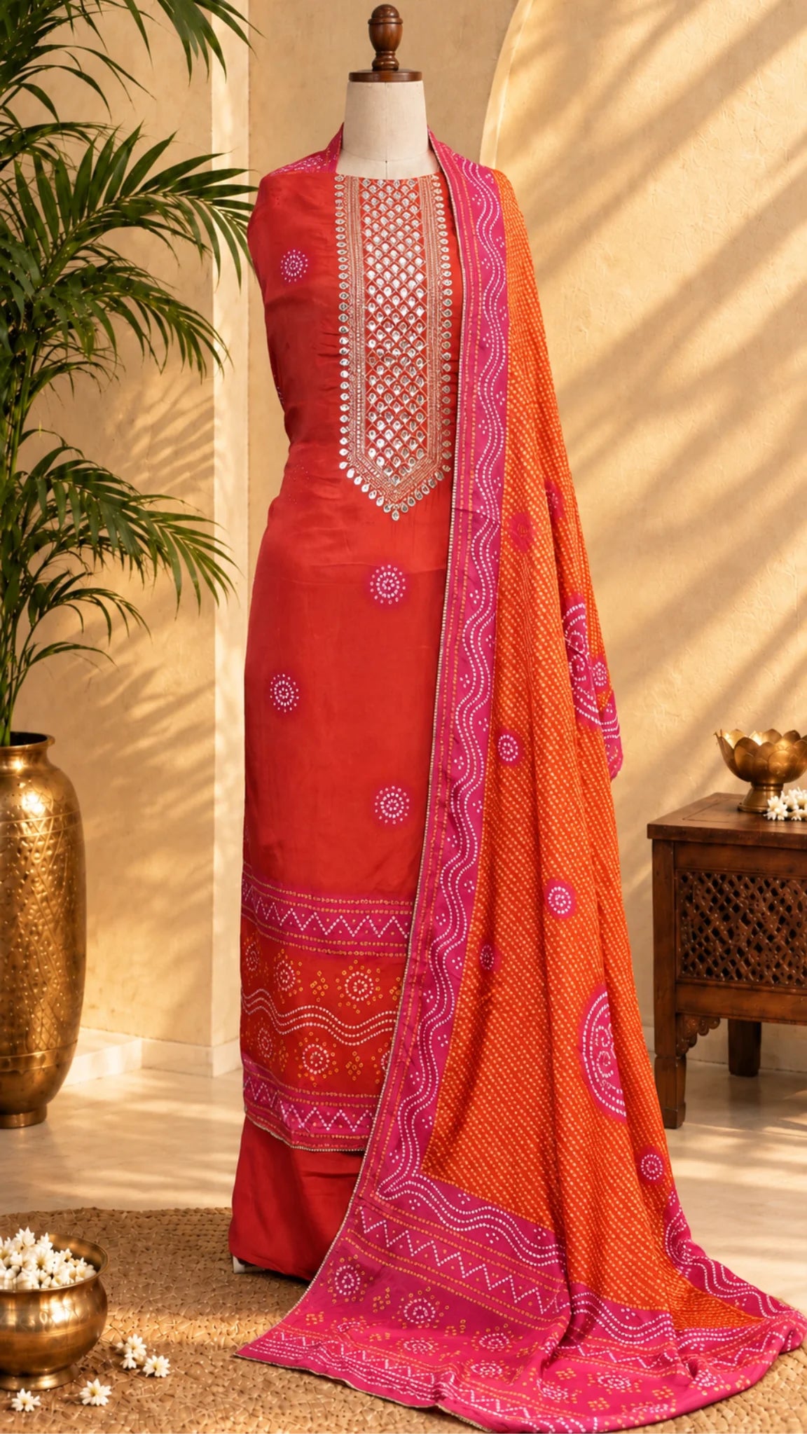Sunset Orange Gajji Silk Unstitched Suit Set