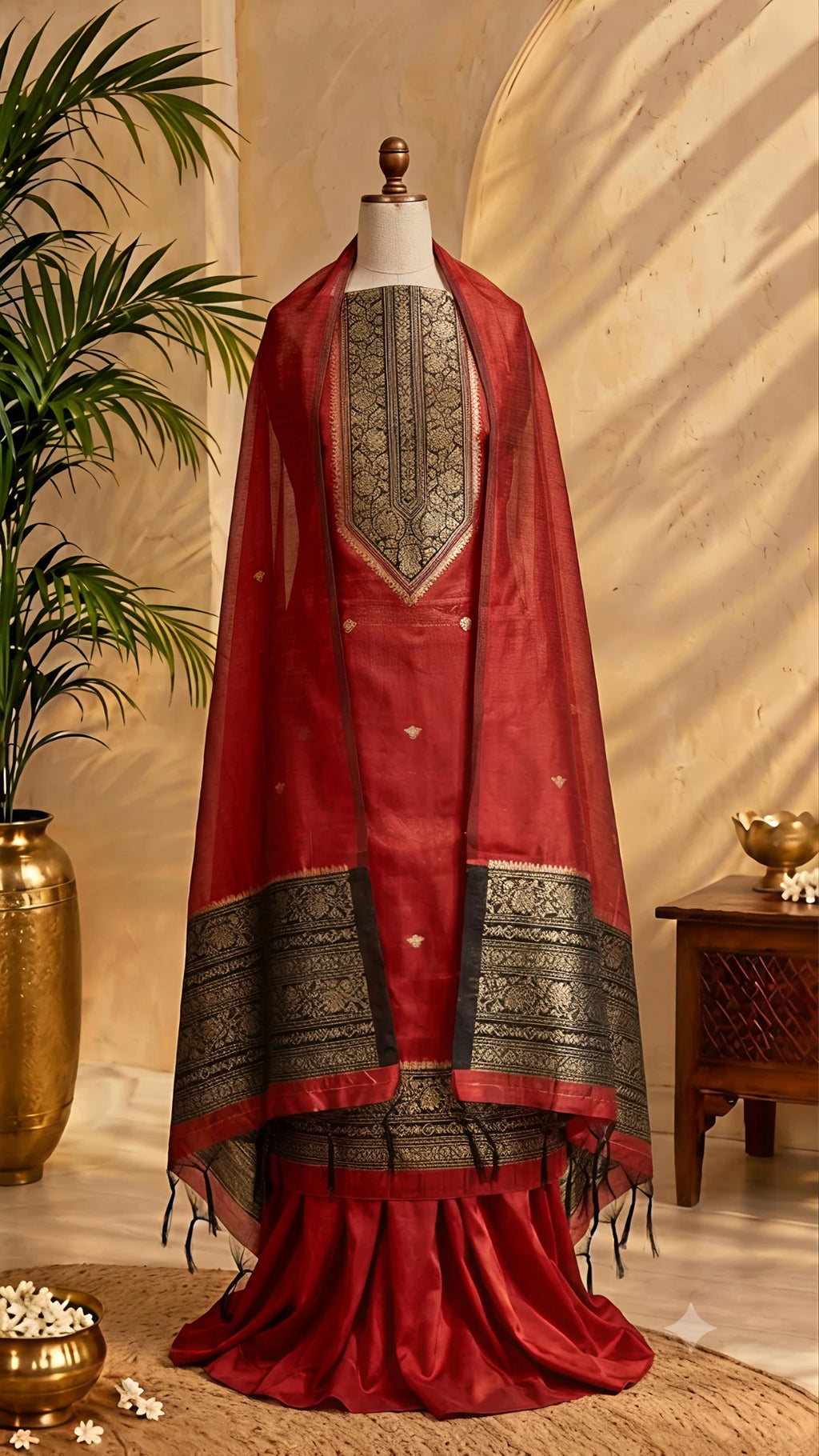 Red Chanderi Zari Weave Unstitched Suit Set