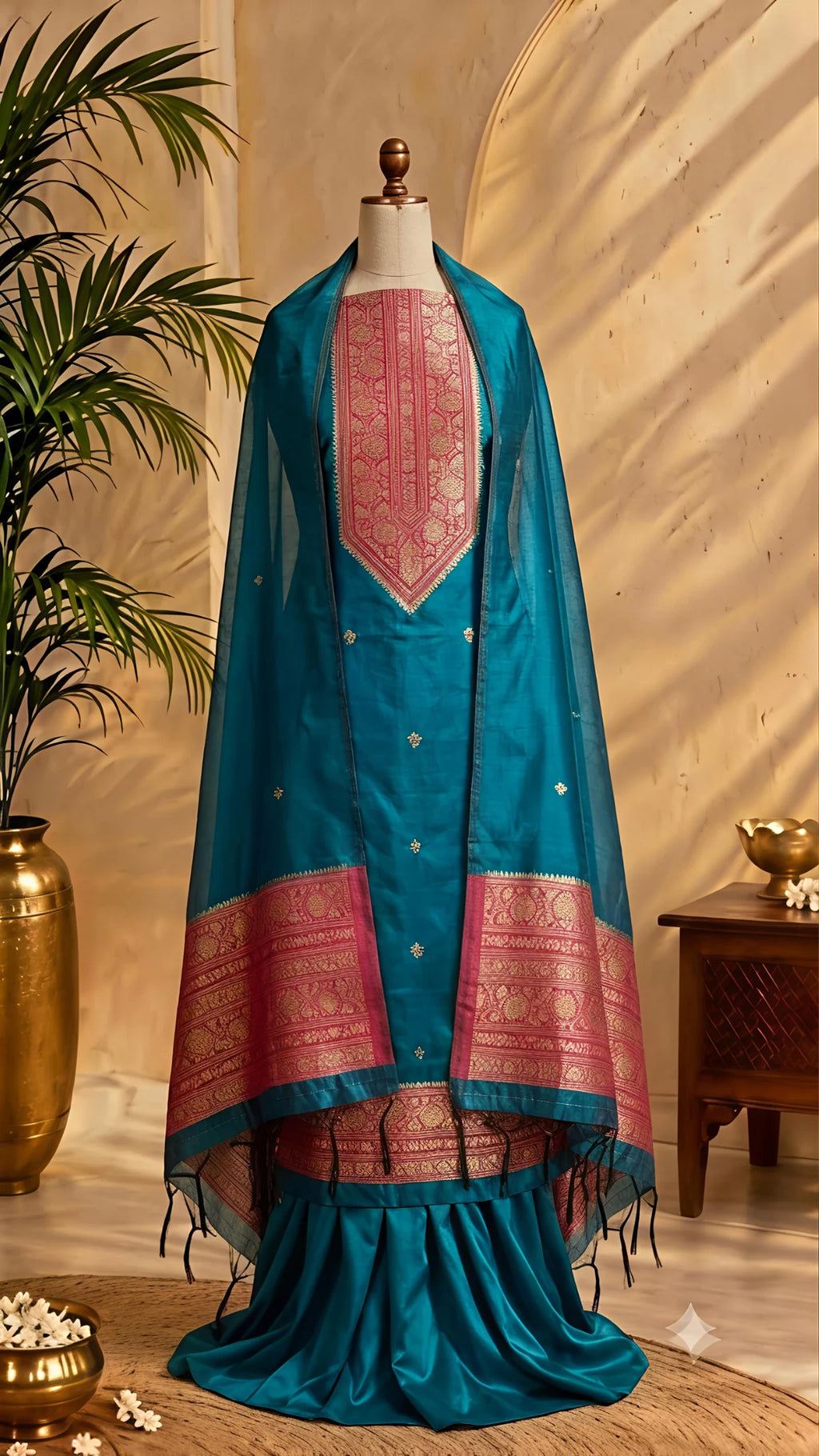 Blue Chanderi Zari Weave Unstitched Suit Set