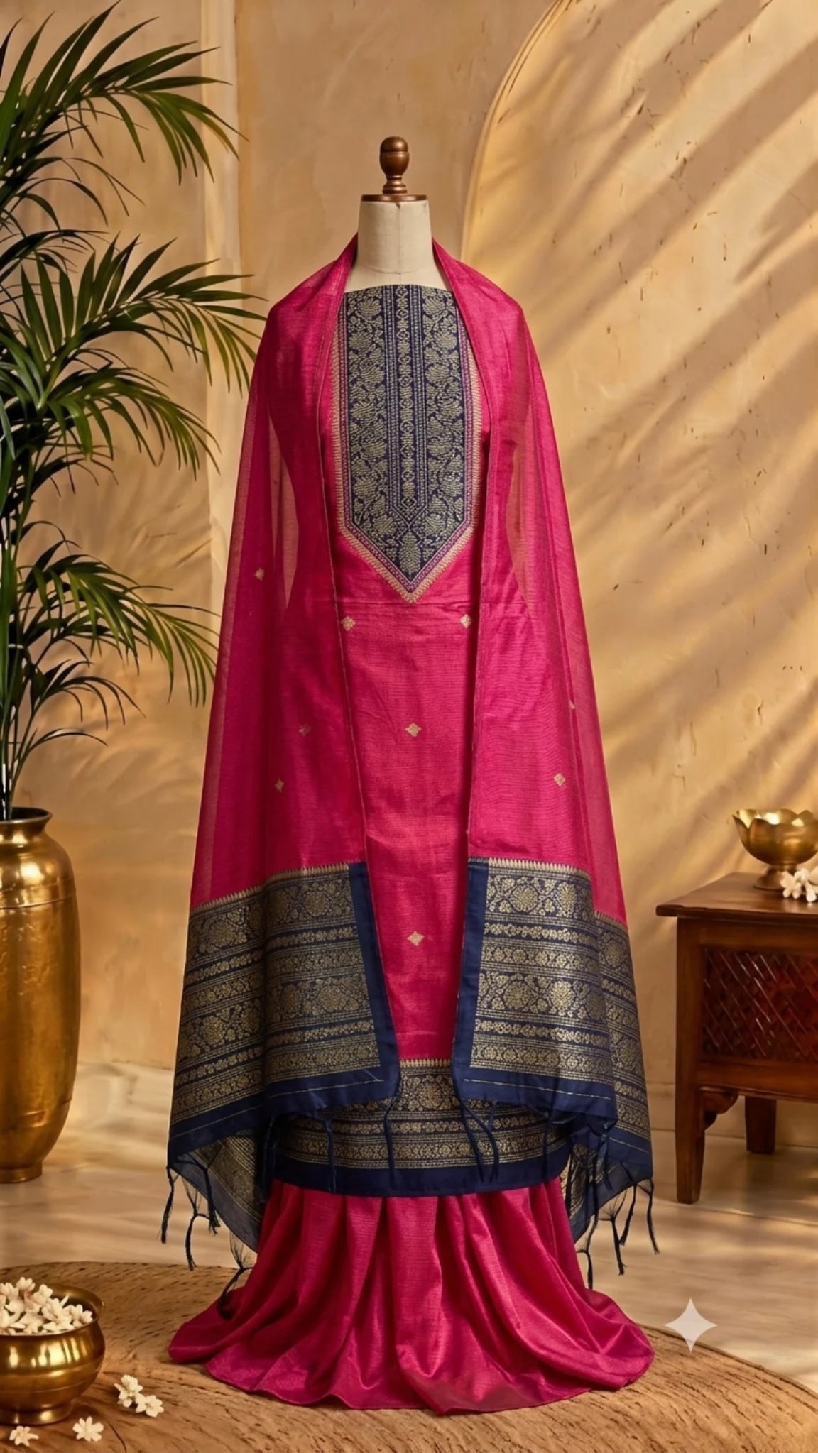 Pink Chanderi Zari Weave Unstitched Suit Set
