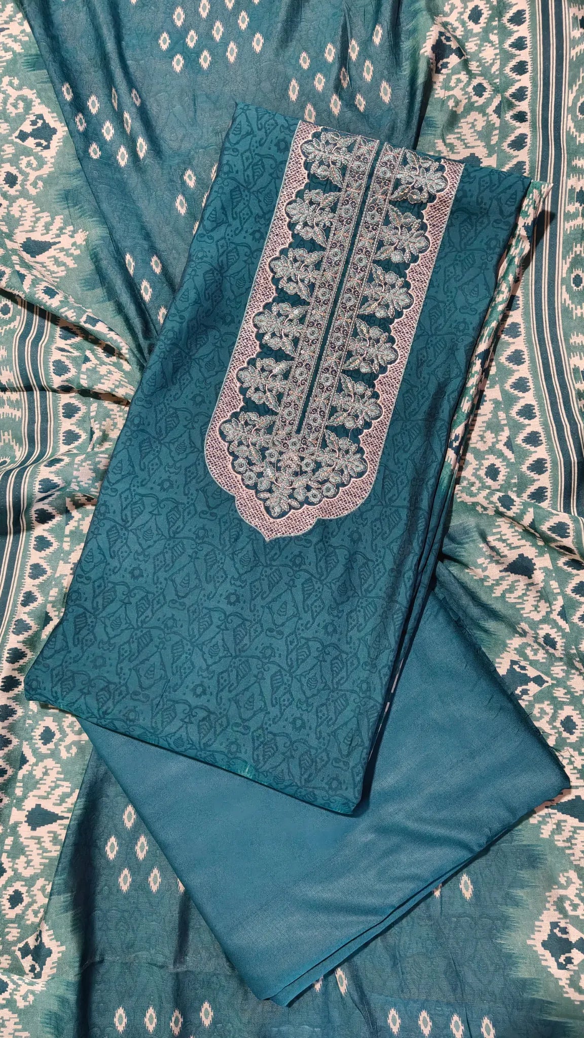 Teal Ikat Muslin Unstitched Suit Set