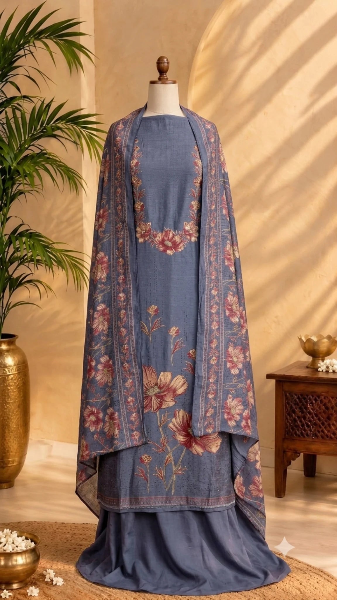Dusty Blue Botanical Bloom Unstitched Suit Set