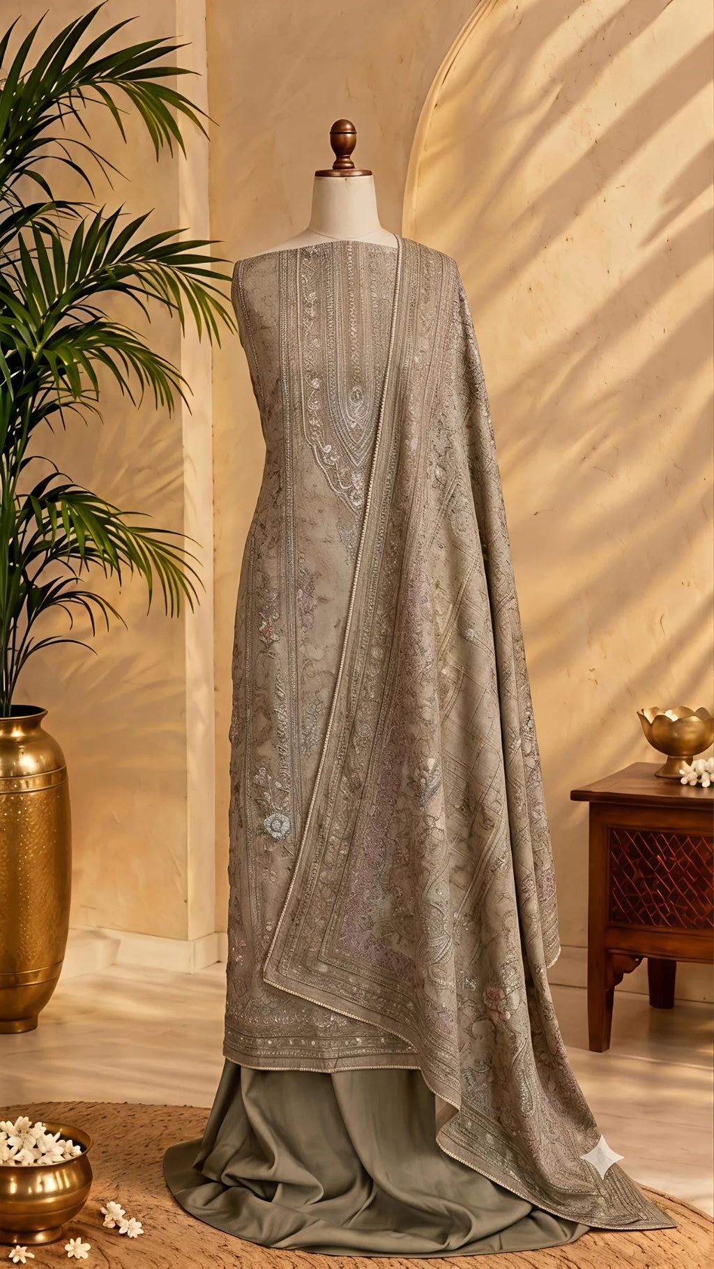 Vintage Olive Embroidered Unstitched Suit Set