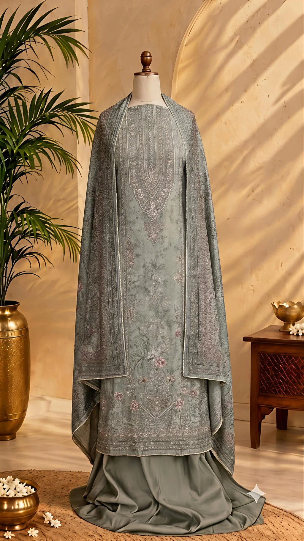 Dusty Sage Kashmiri Embroidered Unstitched Suit Set
