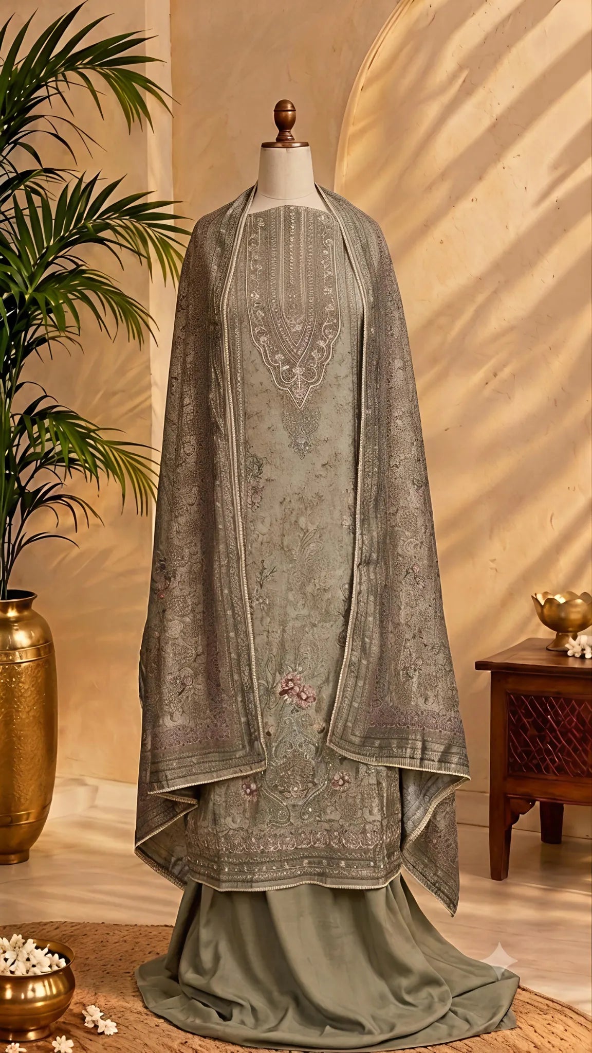 Mineral Green Kashmiri Embroidered Unstitched Suit Set