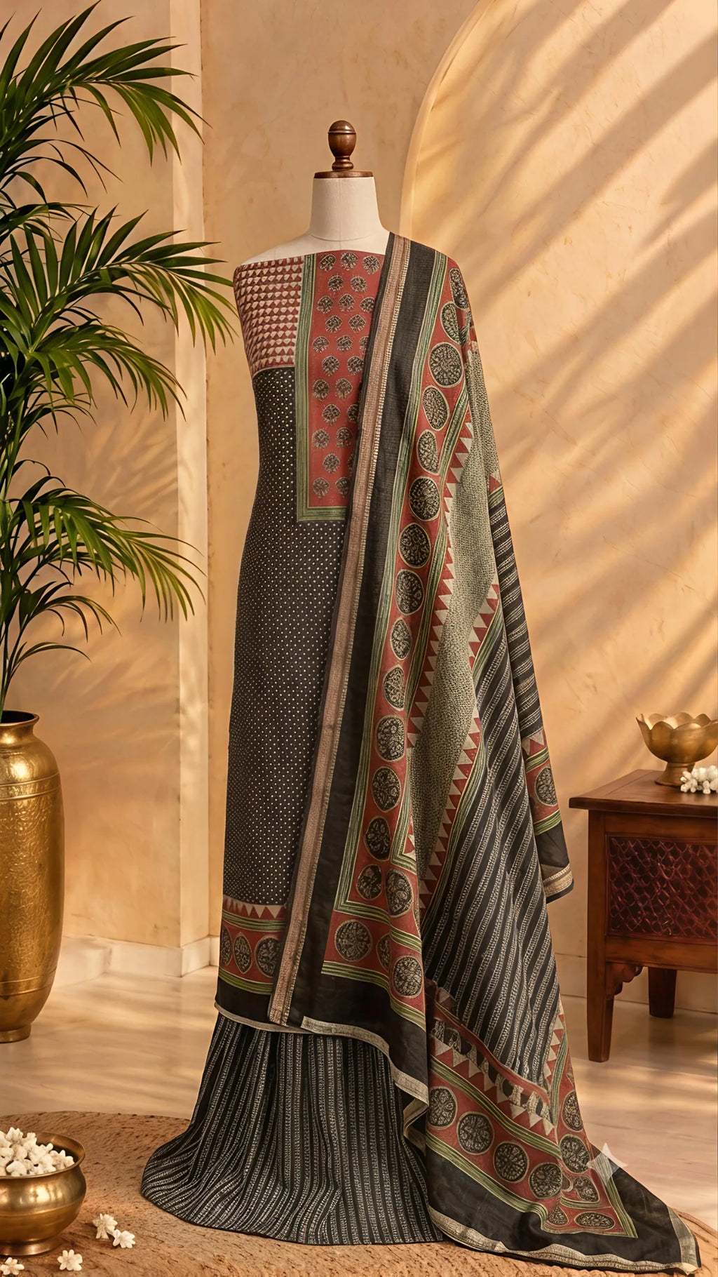 Charcoal Black Ajrakh Print Unstitched Suit Set