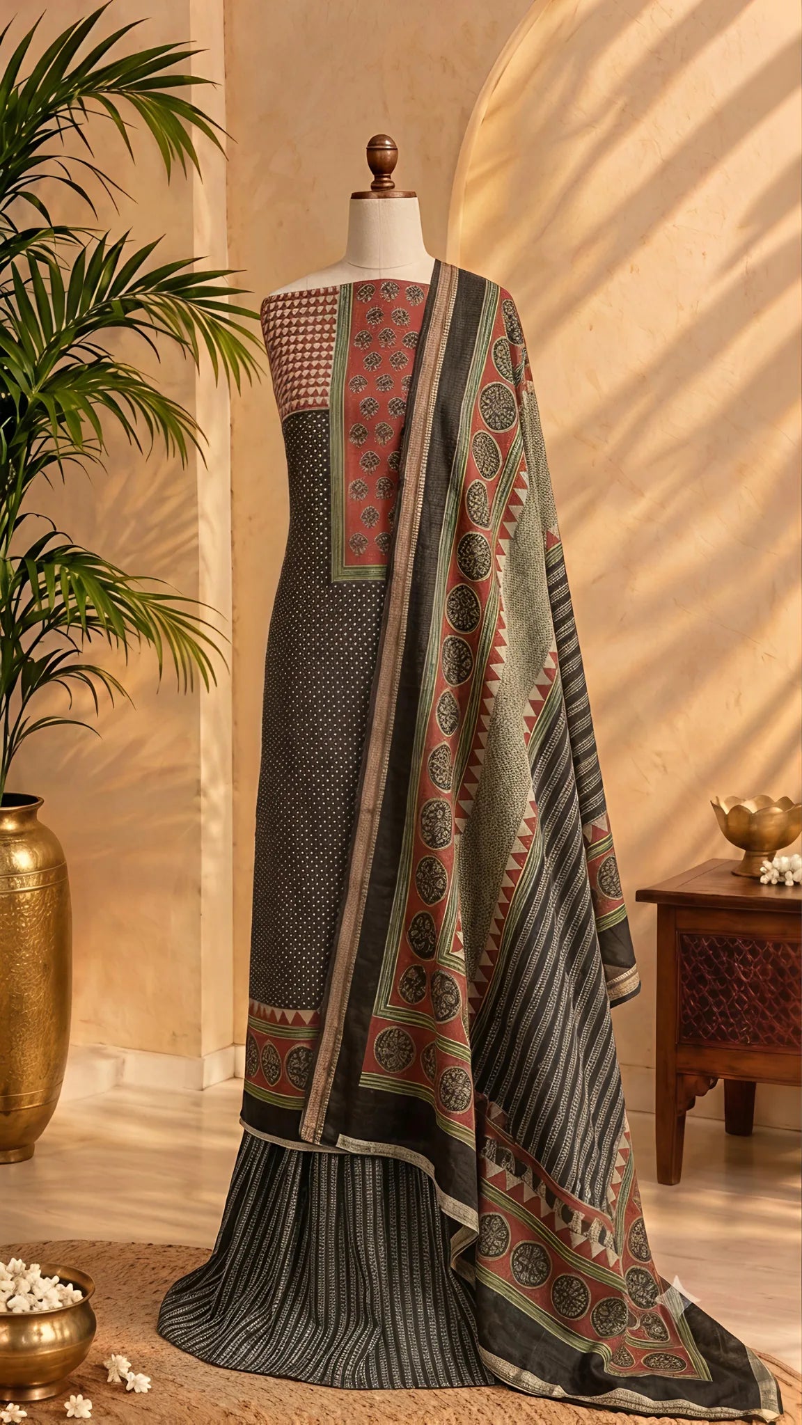 Charcoal Black Ajrakh Print Unstitched Suit Set