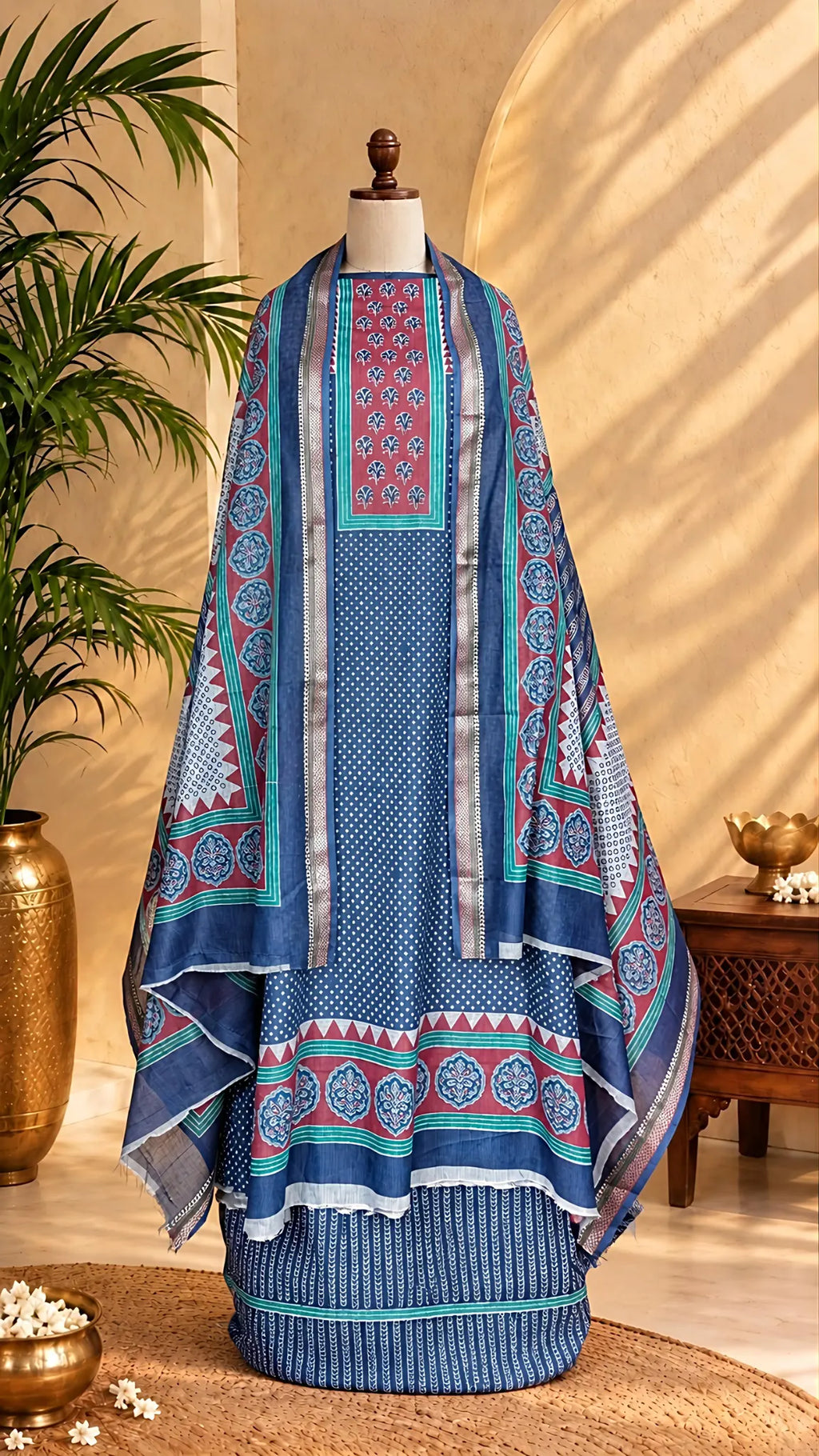 Indigo Blue Ajrakh Print Unstitched Suit Set