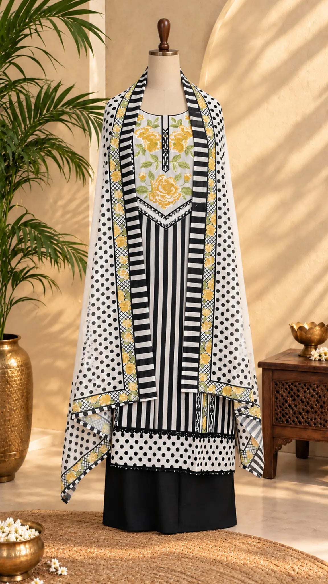 Black & Bloom Unstitched Suit Set