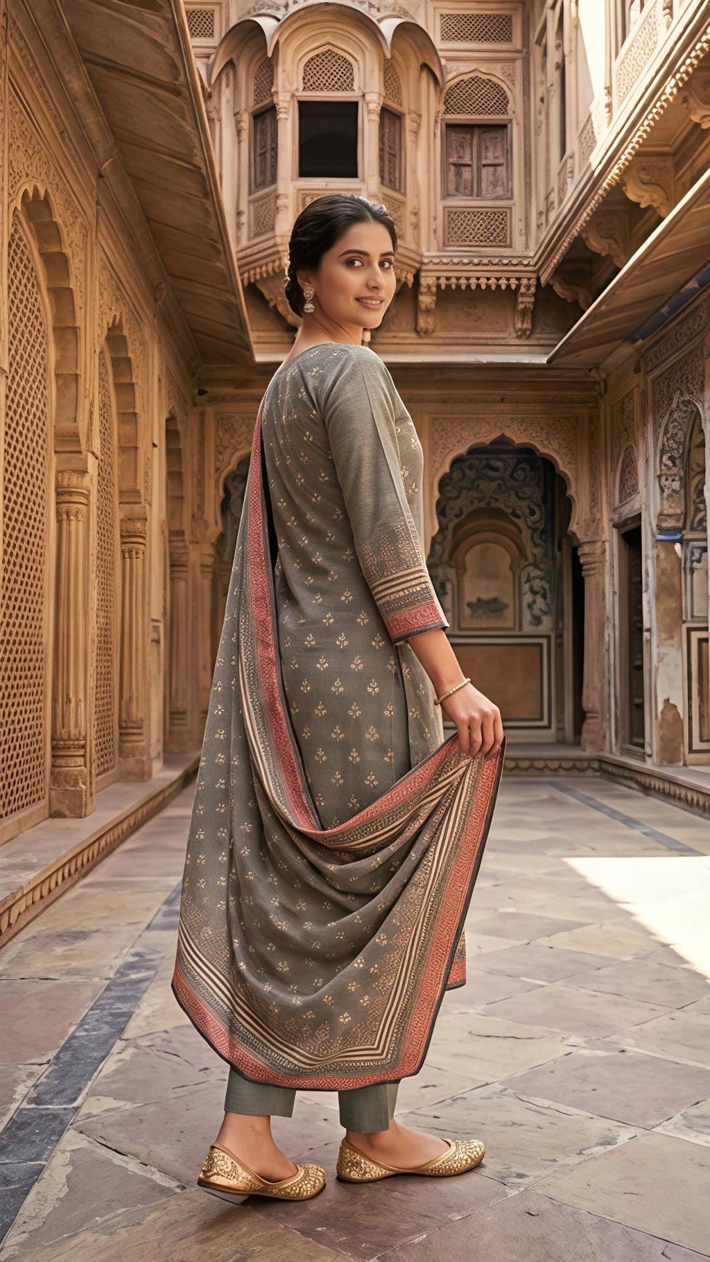 Olive Grey Heritage Printed Suit Set