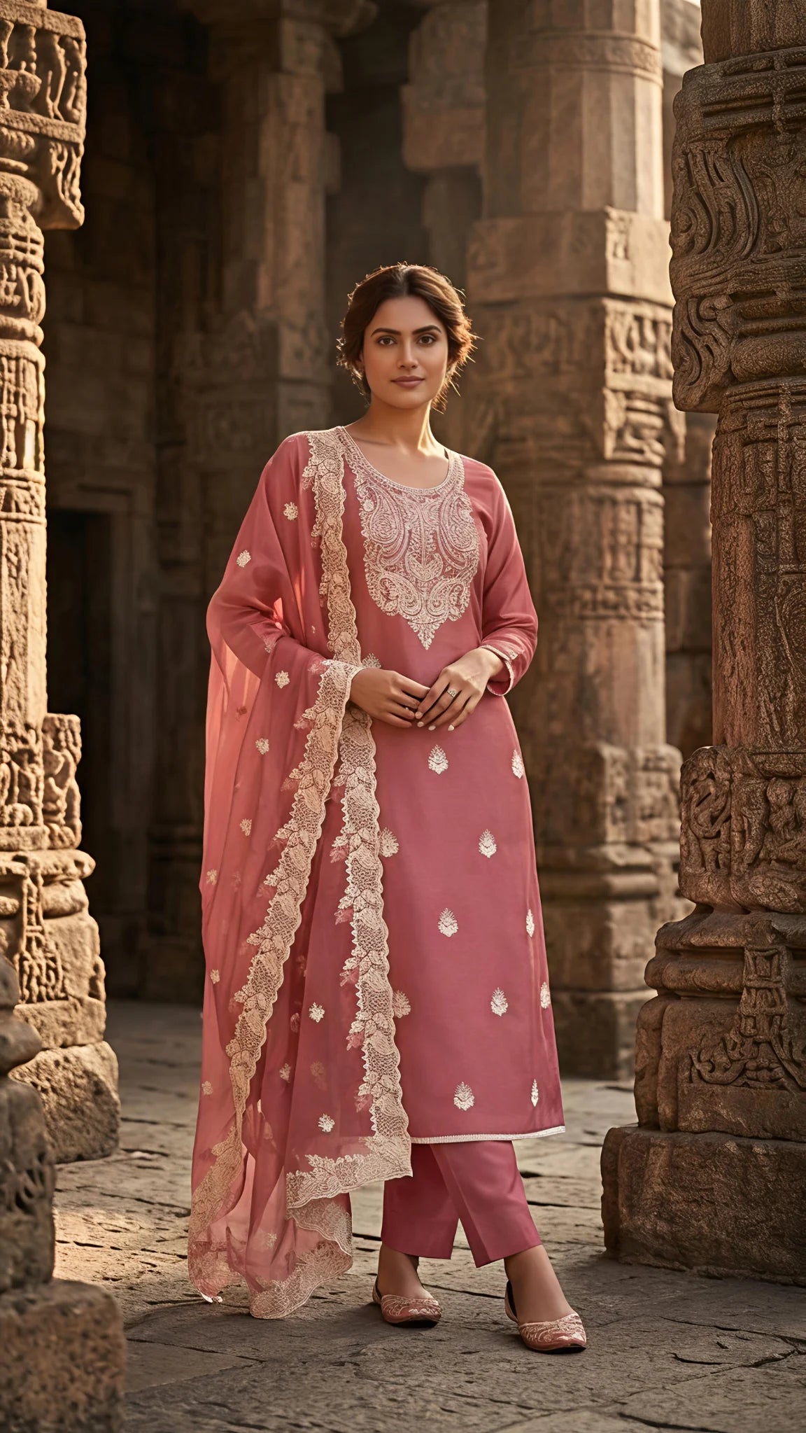 Gulnaar Rosé Embroidered Suit Set