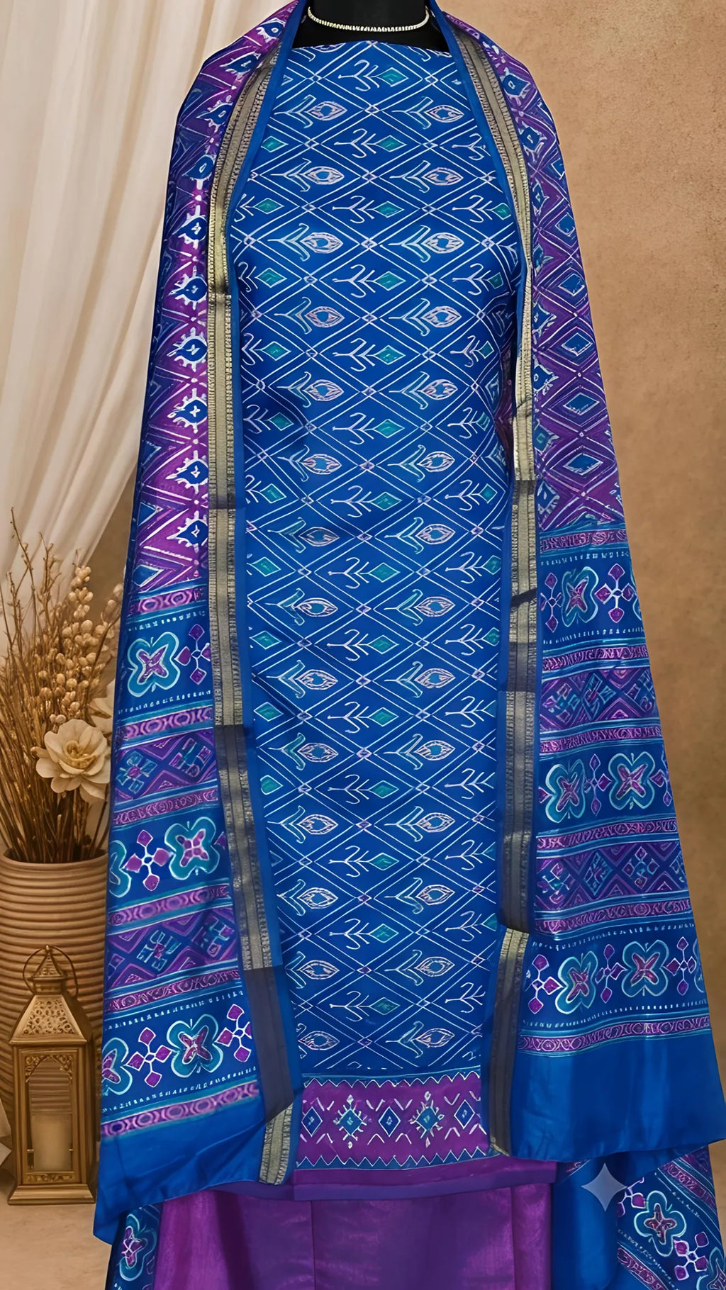 Royal Blue Patola Silk Unstitched Suit Set