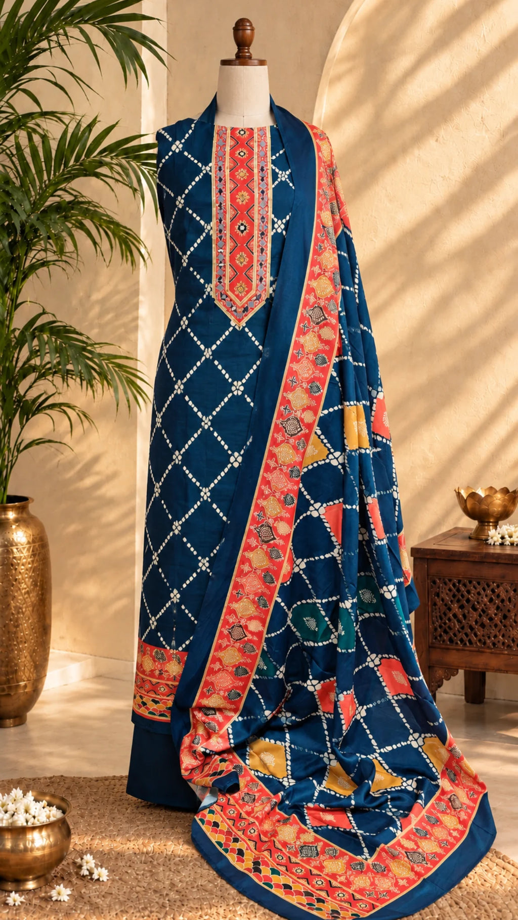 Royal Bandhani Elegance Gajji Silk Unstitched Suit Set