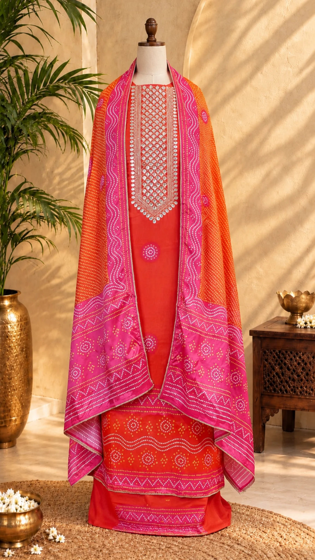 Sunset Orange Gajji Silk Unstitched Suit Set