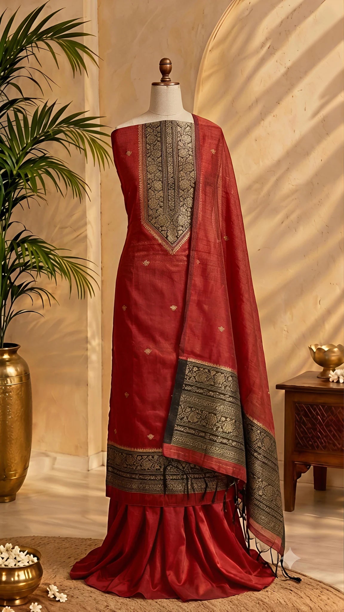 Red Chanderi Zari Weave Unstitched Suit Set