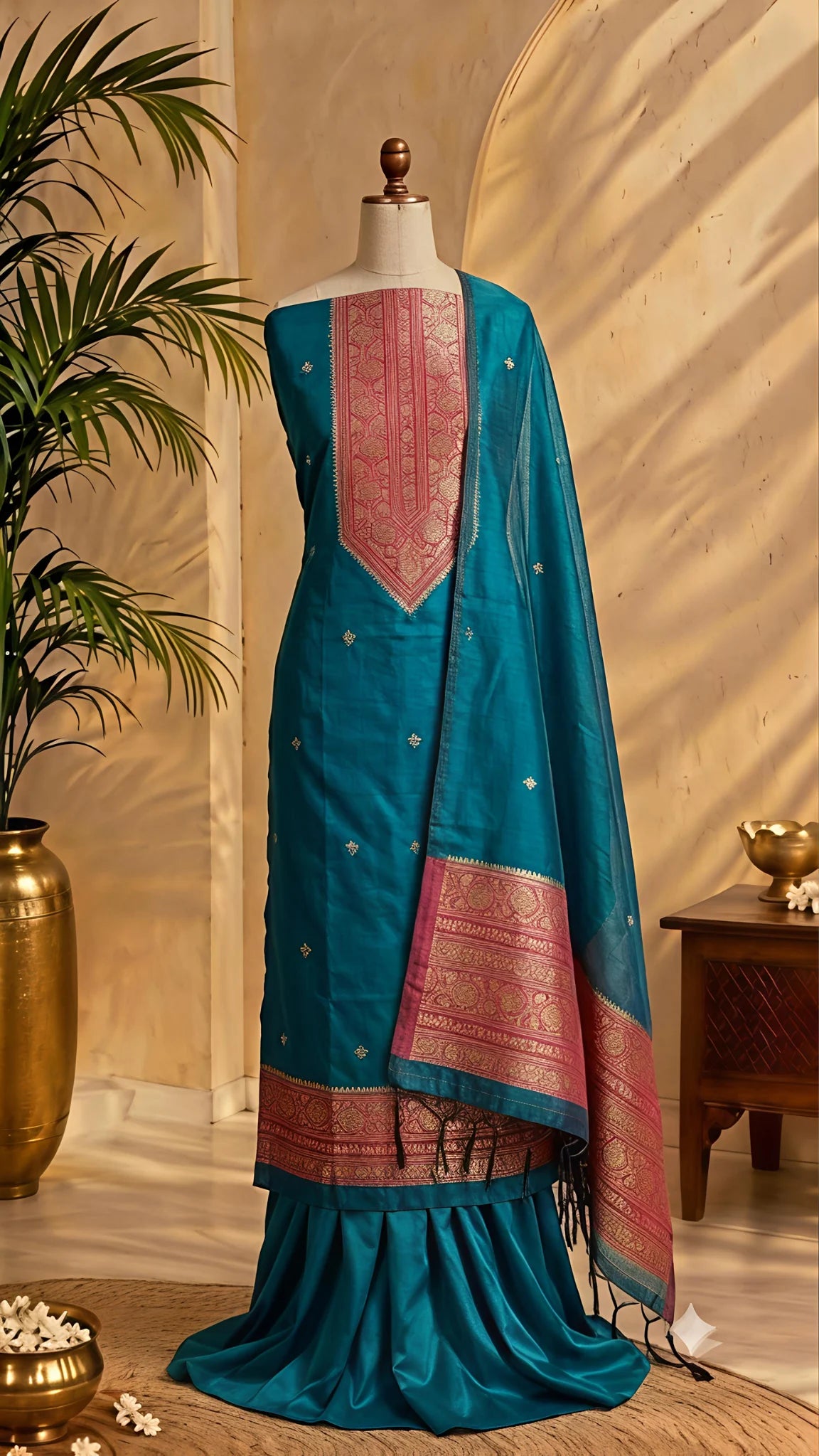 Blue Chanderi Zari Weave Unstitched Suit Set