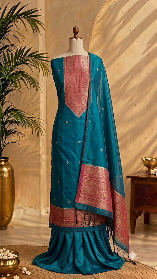 Blue Chanderi Zari Weave Unstitched Suit Set