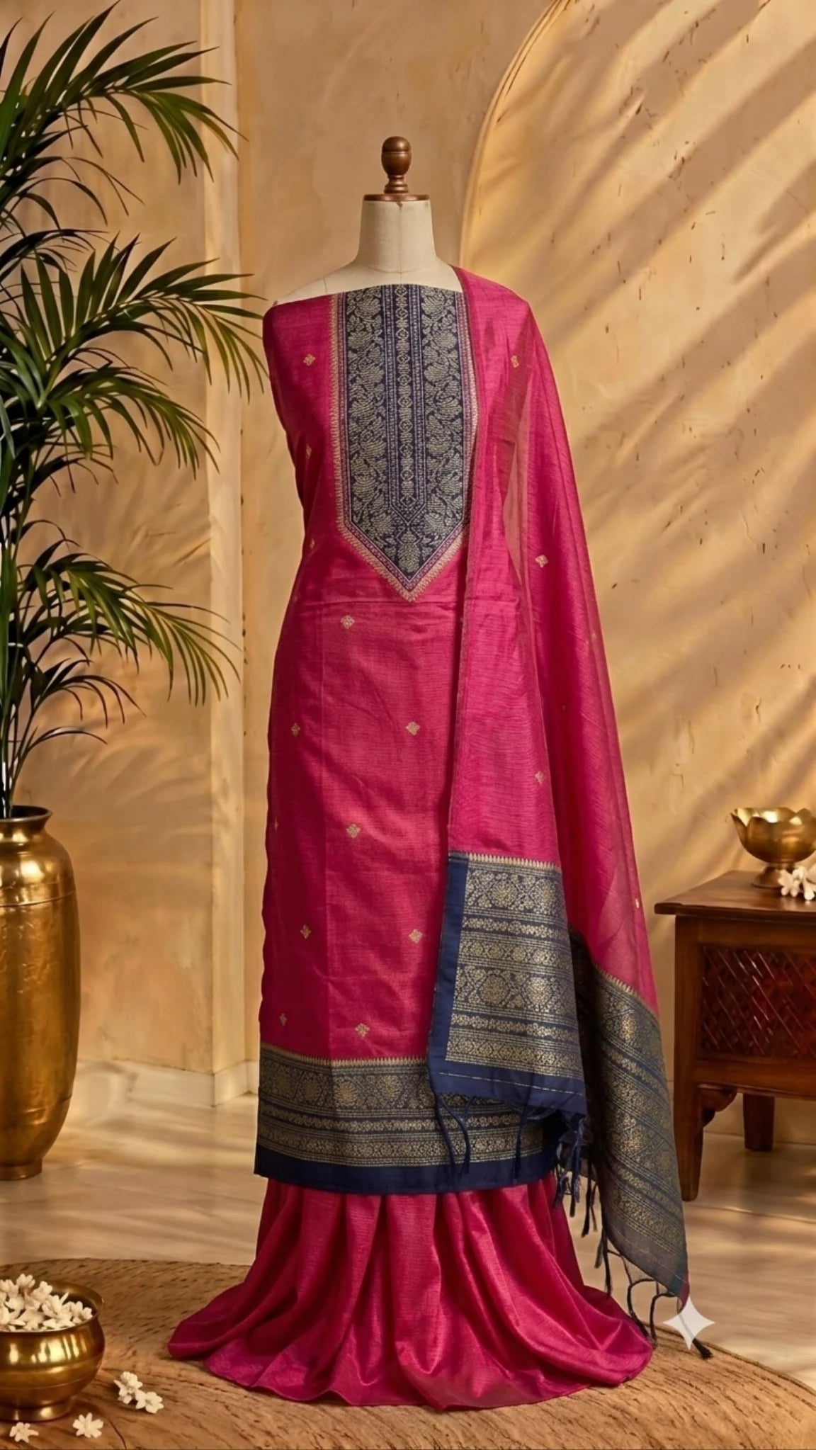 Pink Chanderi Zari Weave Unstitched Suit Set