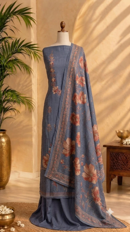 Dusty Blue Botanical Bloom Unstitched Suit Set