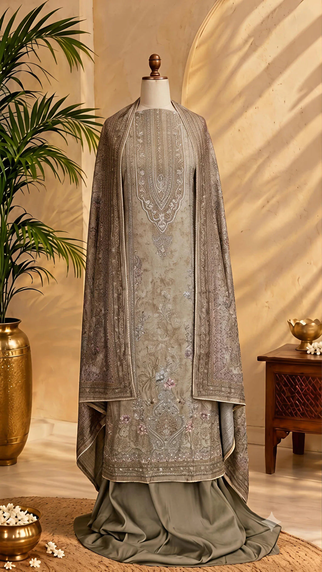 Vintage Olive Embroidered Unstitched Suit Set