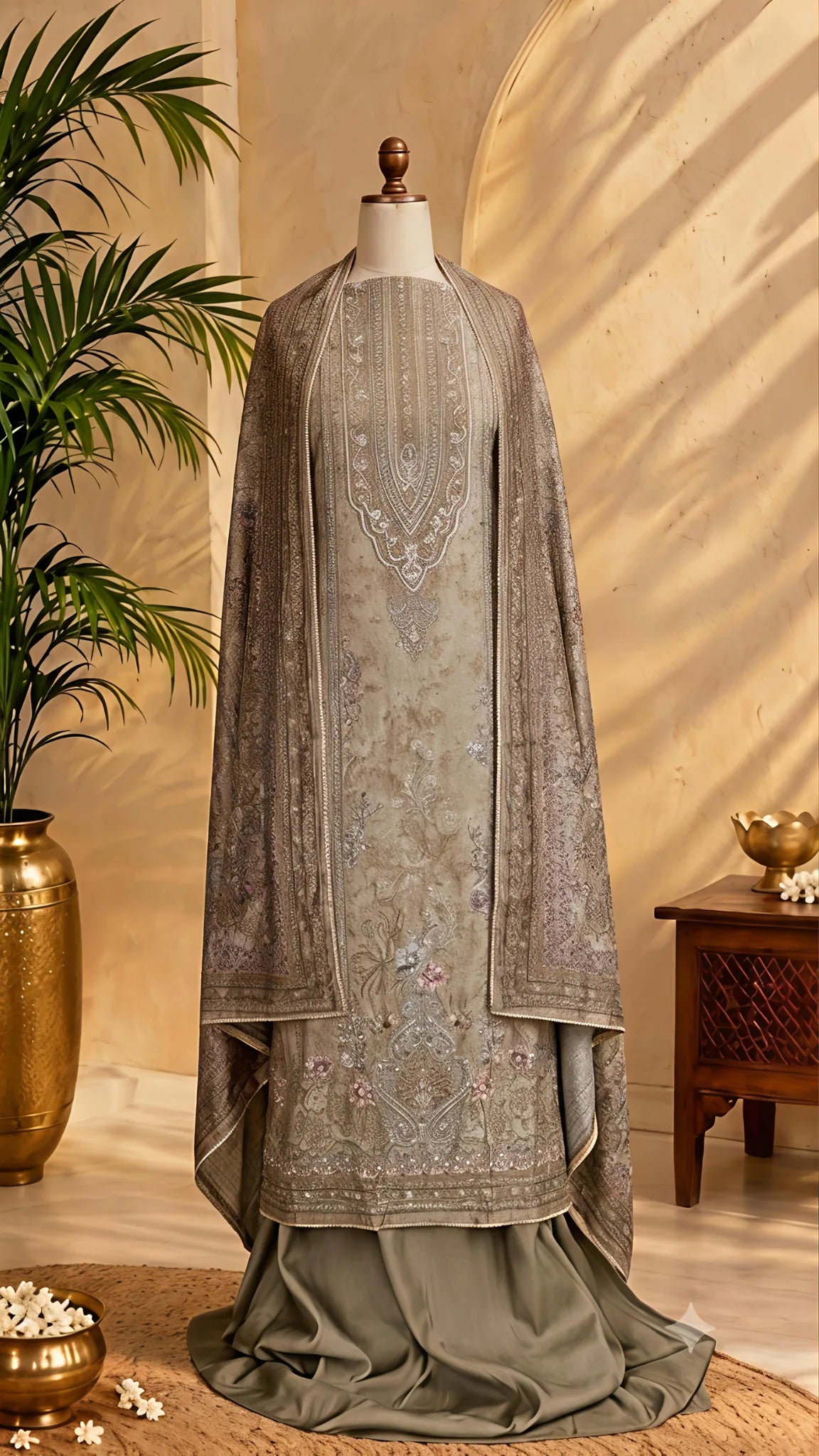 Vintage Olive Embroidered Unstitched Suit Set