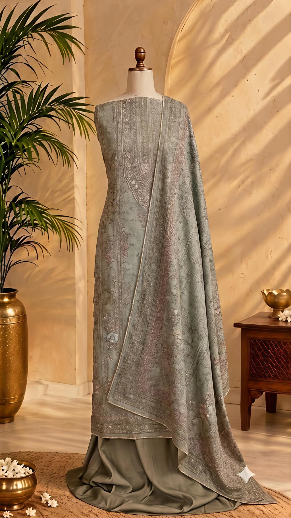 Dusty Sage Kashmiri Embroidered Unstitched Suit Set